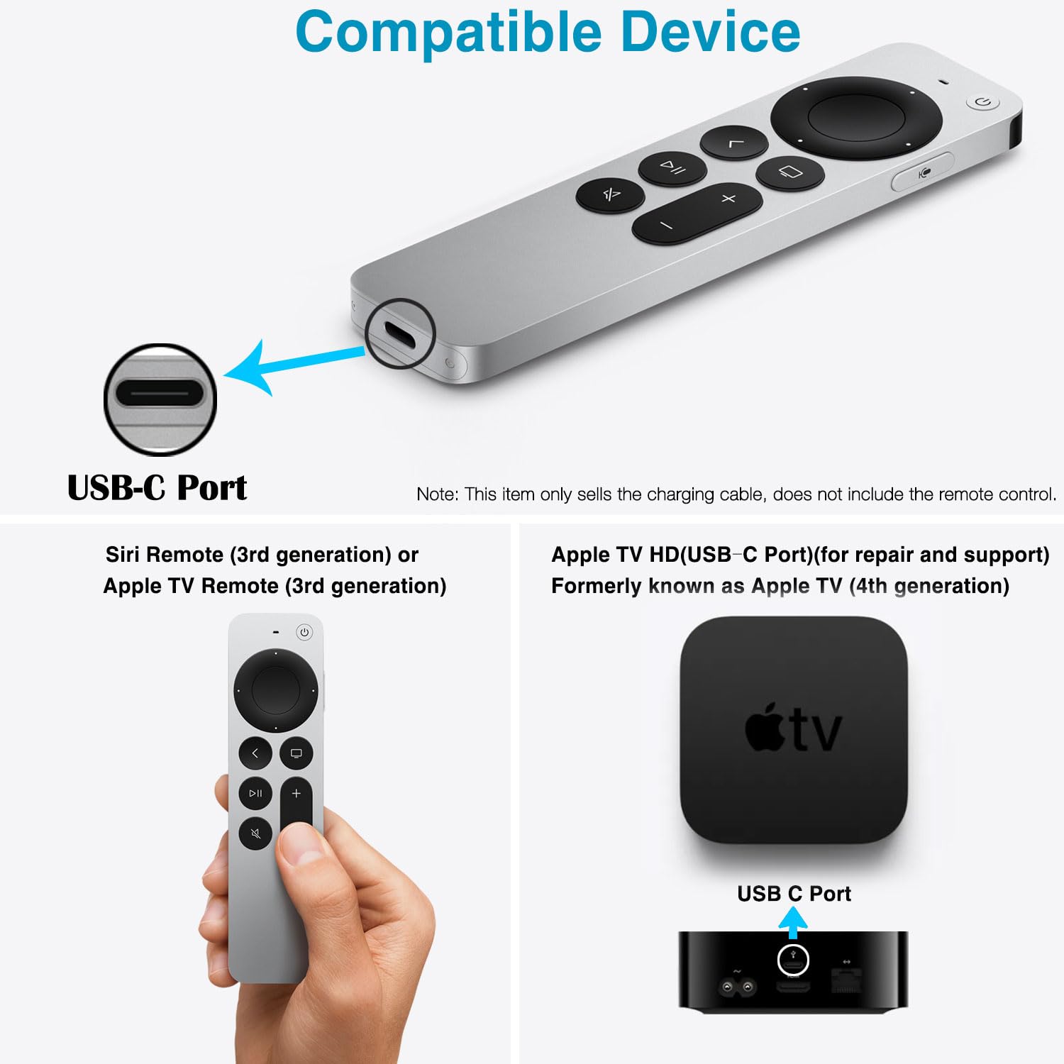 6.6Ft Usb C Apple Tv Remote Cable For Apple Tv Remote (3Rd Gen), Apple Tv 4Th Gen, Siri Remote (3Rd Gen), Apple Tv 4K Remote (3R