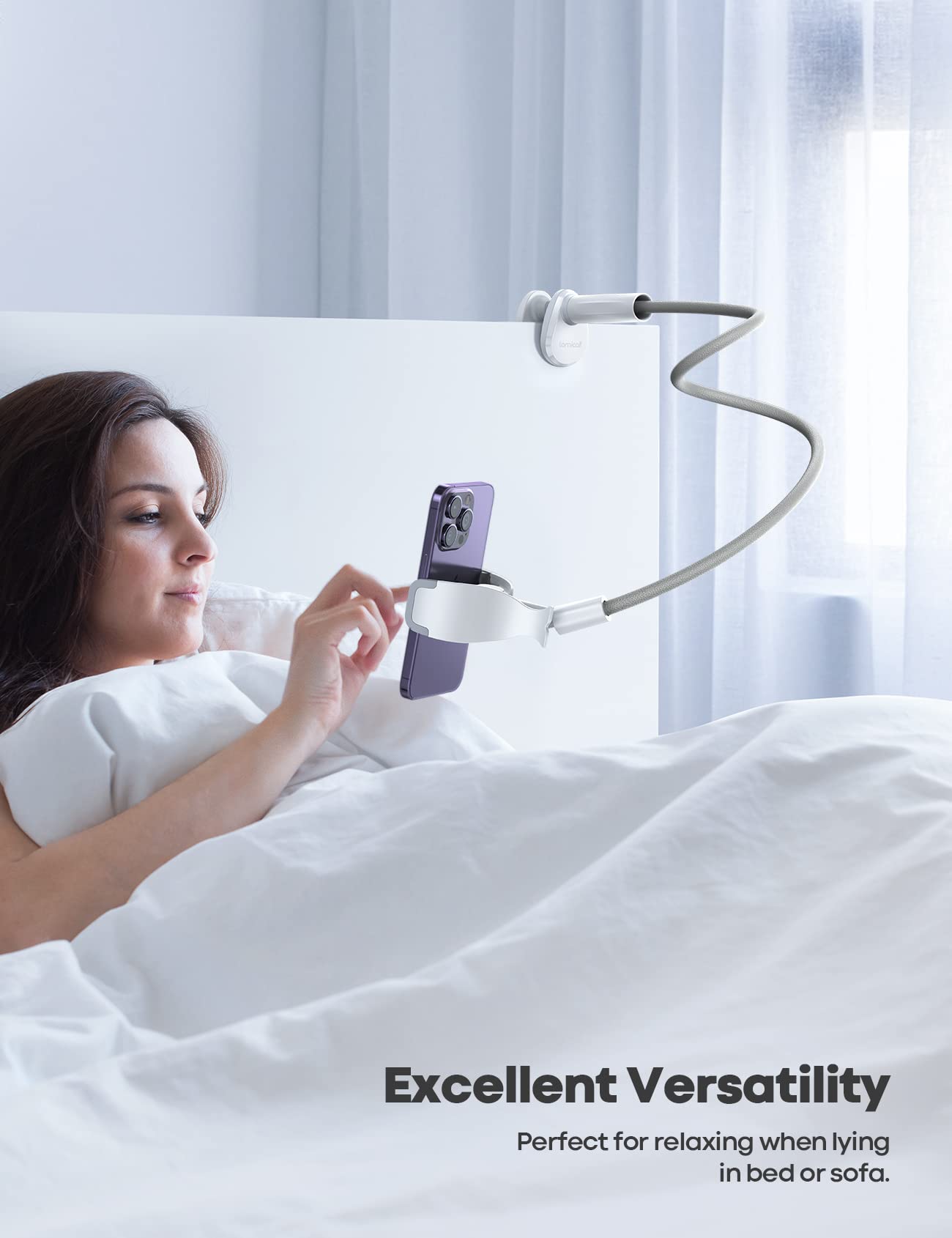 Lamicall Phone Holder Bed Gooseneck Mount, Cell Phone Clamp Clip For Desk, Flexible Long Arm Headboard Bedside Lazy Bracket, Ove