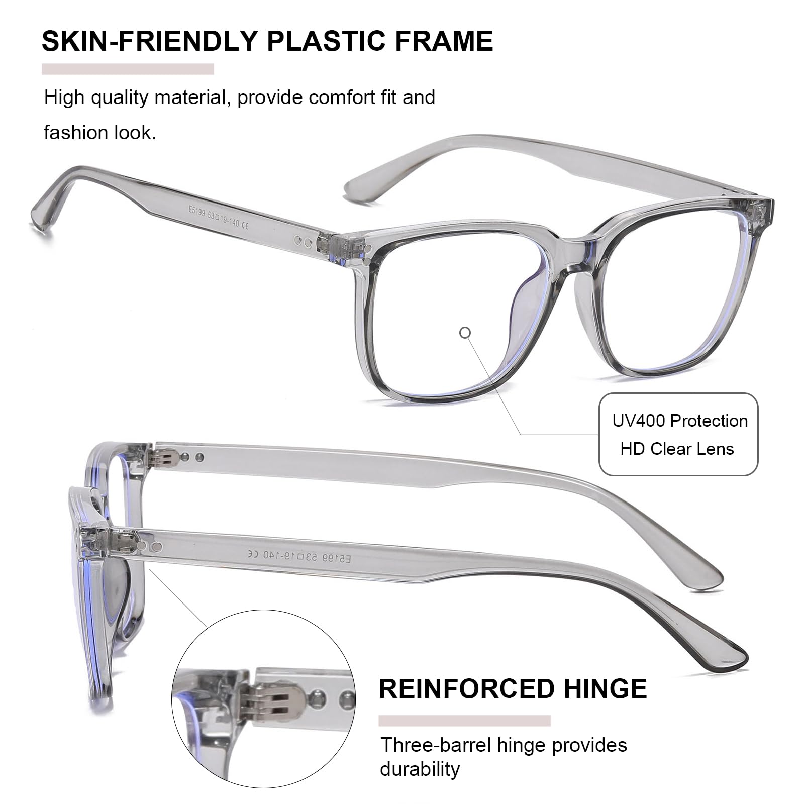 Gleyemor Mens Blue Light Glasses Fashion Square Frame Computer Glasses For Men Lightweight Sturdy Daily Eyeglasses (Grey)