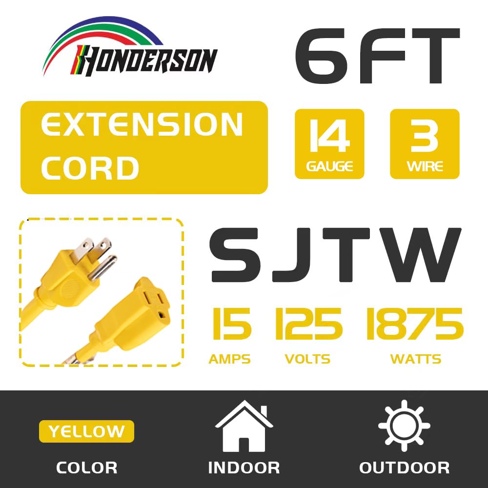 Honderson Indoor Outdoor Extension Cord Weatherproof, Ul Listed, 14 Gauge 6Ft Yellow 3 Prong Heavy Duty, 14/3 Sjtw 15A Power Cor