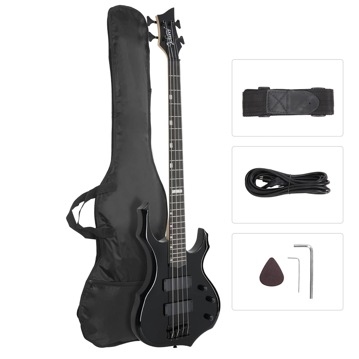 Glarry Electric Bass Guitar 4 Strings Buring Fire Style Hh Pickups For Beginner Adults Right Hand Amp Cable, Bag, Strap And Cord