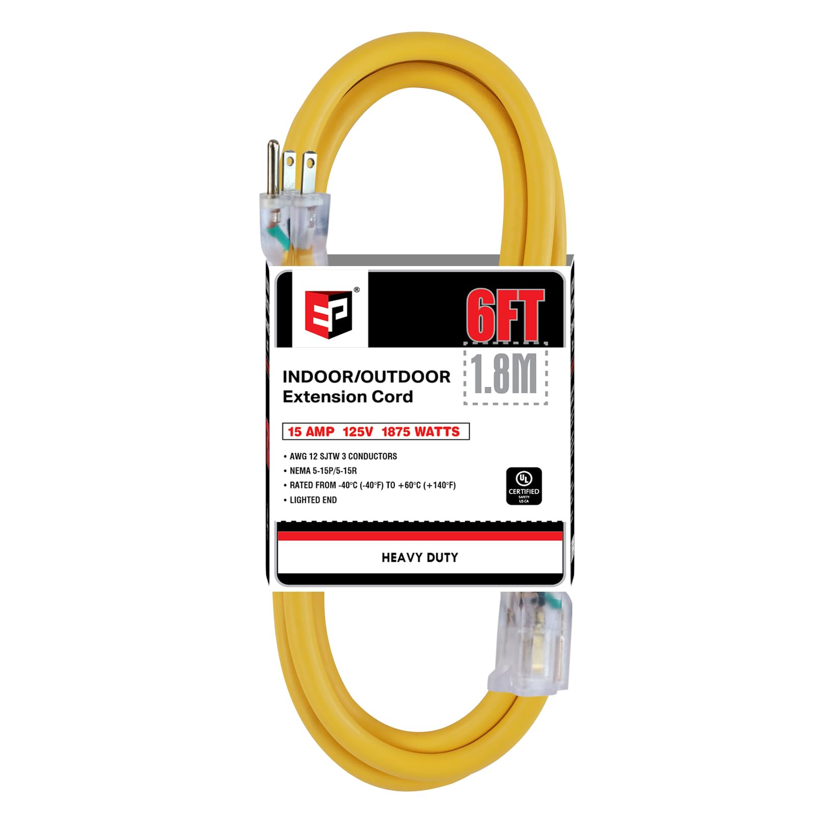 Ep 6 Ft Lighted Outdoor Extension Cord   12/3 Sjtw Heavy Duty Yellow Extension Cable With 3 Prong Grounded Plug   15Amp Power Co