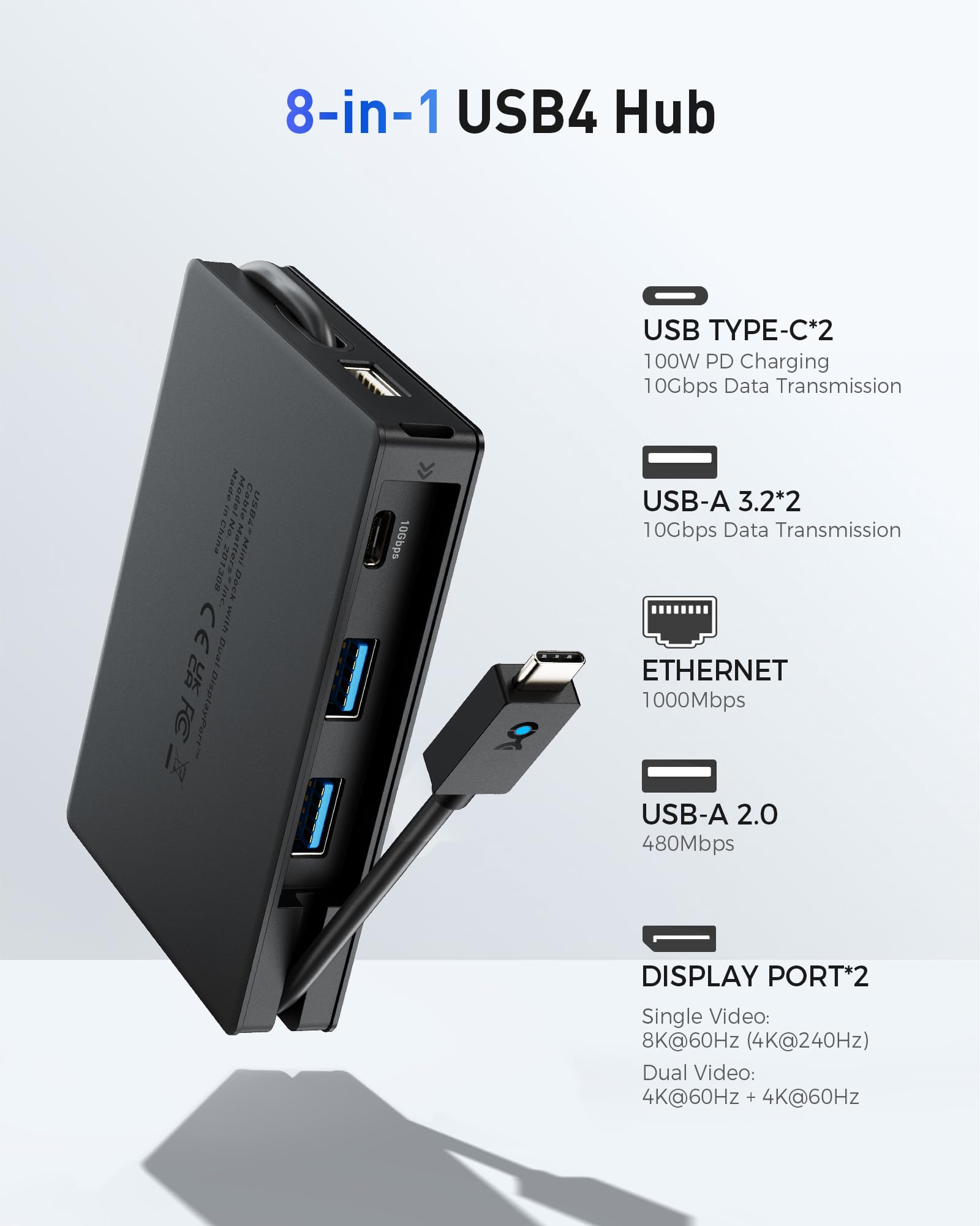 Cable Matters 8 in 1 Portable 40Gbps USB4 Hub (USB 4 Dock) Dual DisplayPort 4K@60Hz, Single DP 4K@240Hz/8K@60Hz, 100W PD, Gigabit Ethernet, Compatible with Thunderbolt 4 (*macOS's Display Limitation)