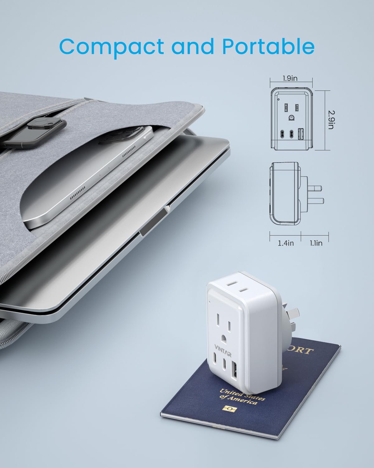 [2 Pack] New Zealand Power Adapter, Vintar Australia Power Adapter With 2 American Outlets 3 Usb Ports(2 Usb C), 5 In 1 Type I A