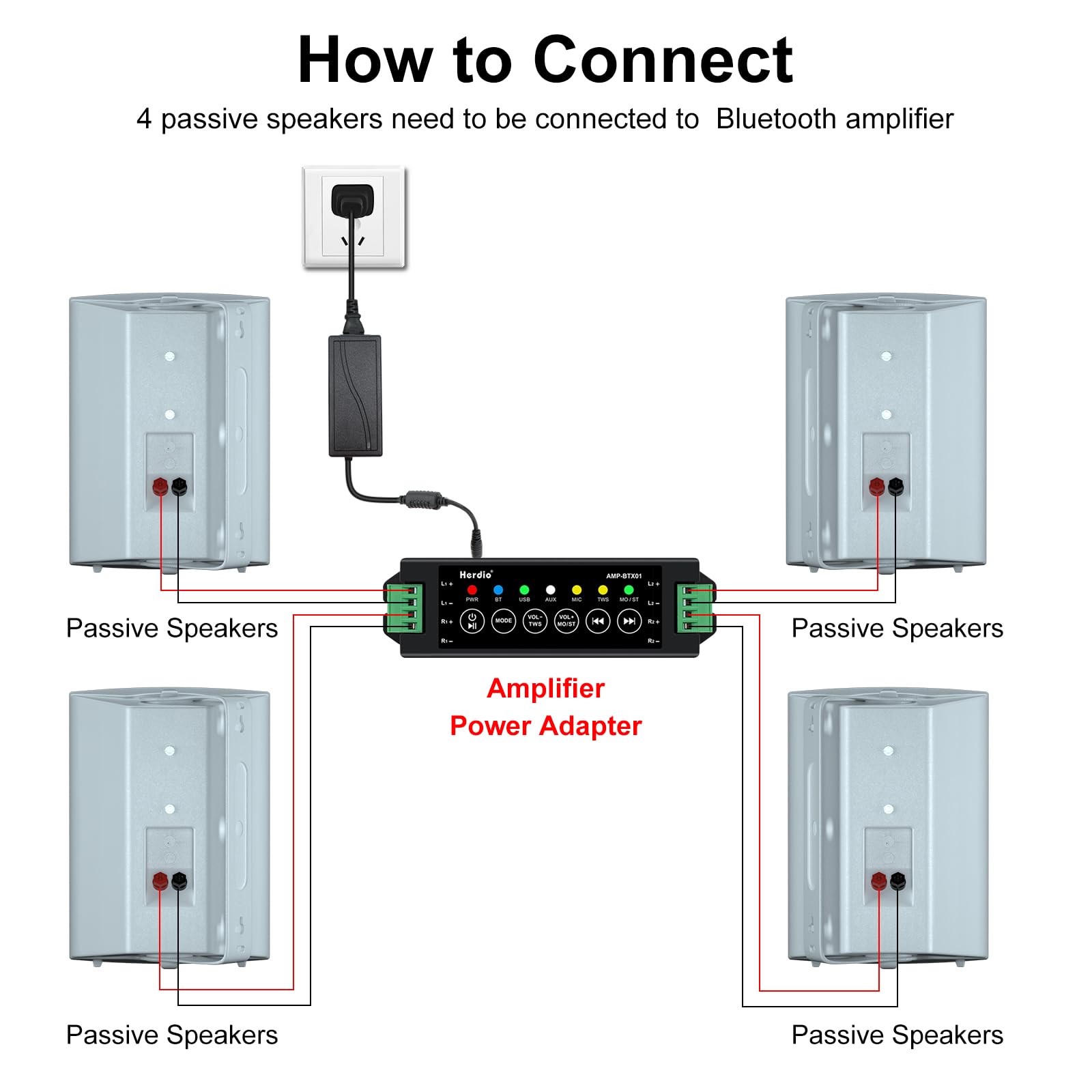 Herdio 800W 6.5 Inch Outdoor Speakers Bluetooth Waterproof Wired With Superior Amplifier, Wall Mounted Sound System, Enhanced Ba