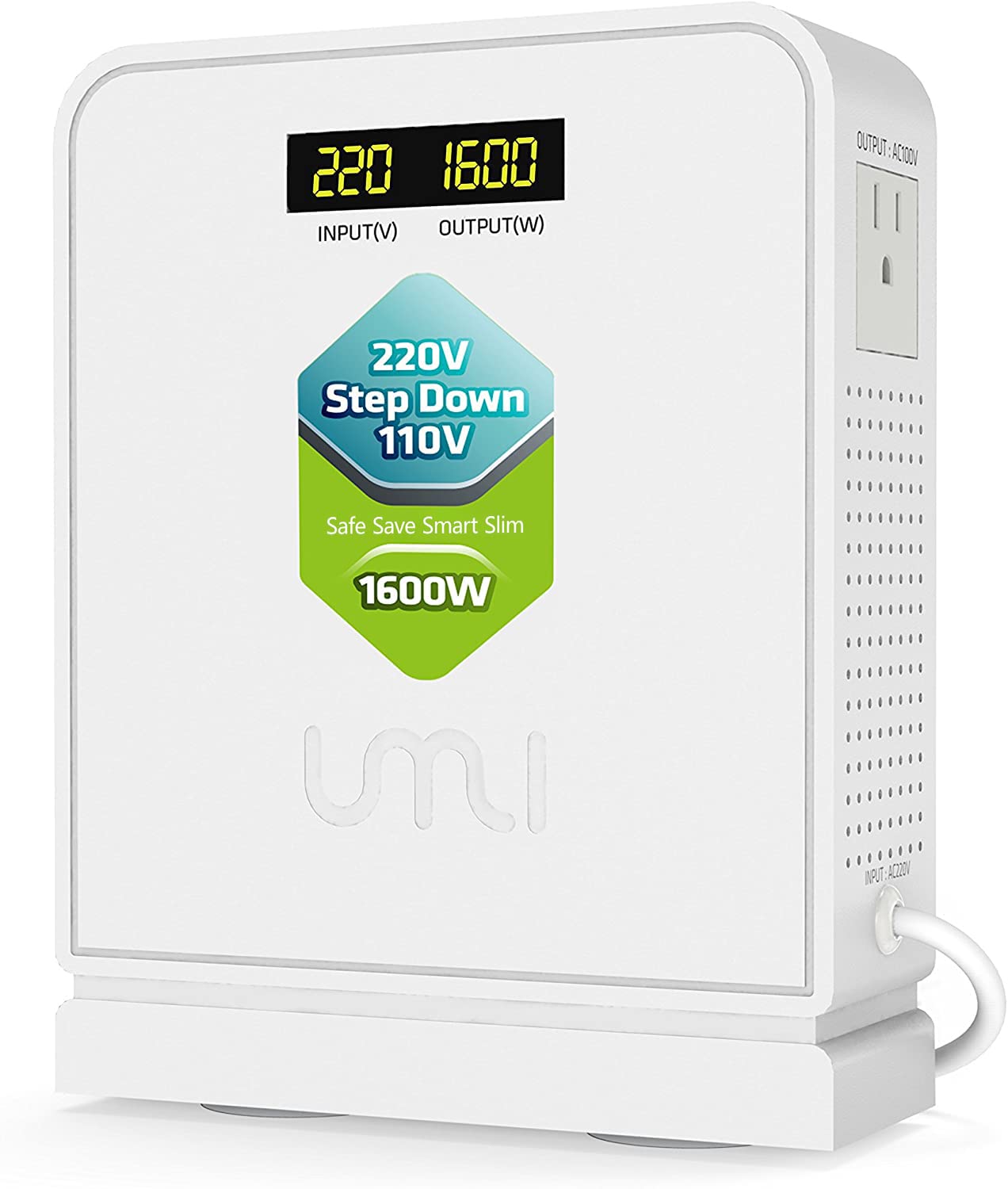 Umi 220V To 110V Voltage Power Converter Step Down Transformer 1600 Watts Capacity With 2 Output Voltages 110V And 100V, White