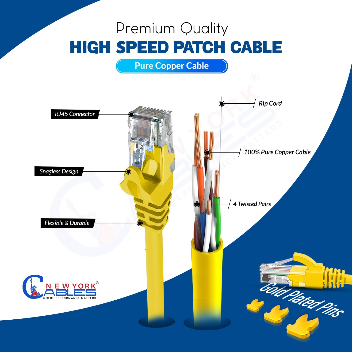 Newyork Cables Cat6 Ethernet Patch Cable 5 Ft (10 Pack), Snagless Cat6 Patch Cables For Data Centers, 10Gbps, 550Mhz Ethernet Cord, Bare Copper Network Patch Cables For Home And Enterprise  Yellow