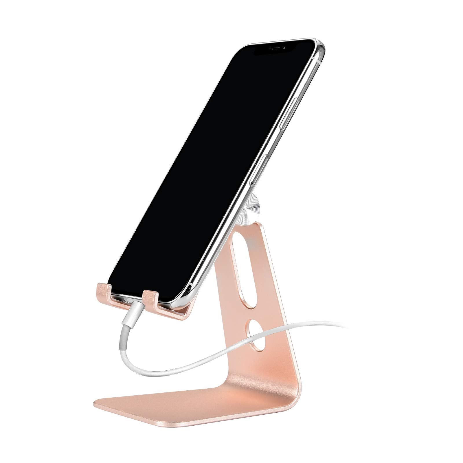 Emoly Adjustable Cell Phone Stand, 2020 Aluminum Desktop Cellphone Stand with Anti-Slip Base and Convenient Charging Port, Fits 