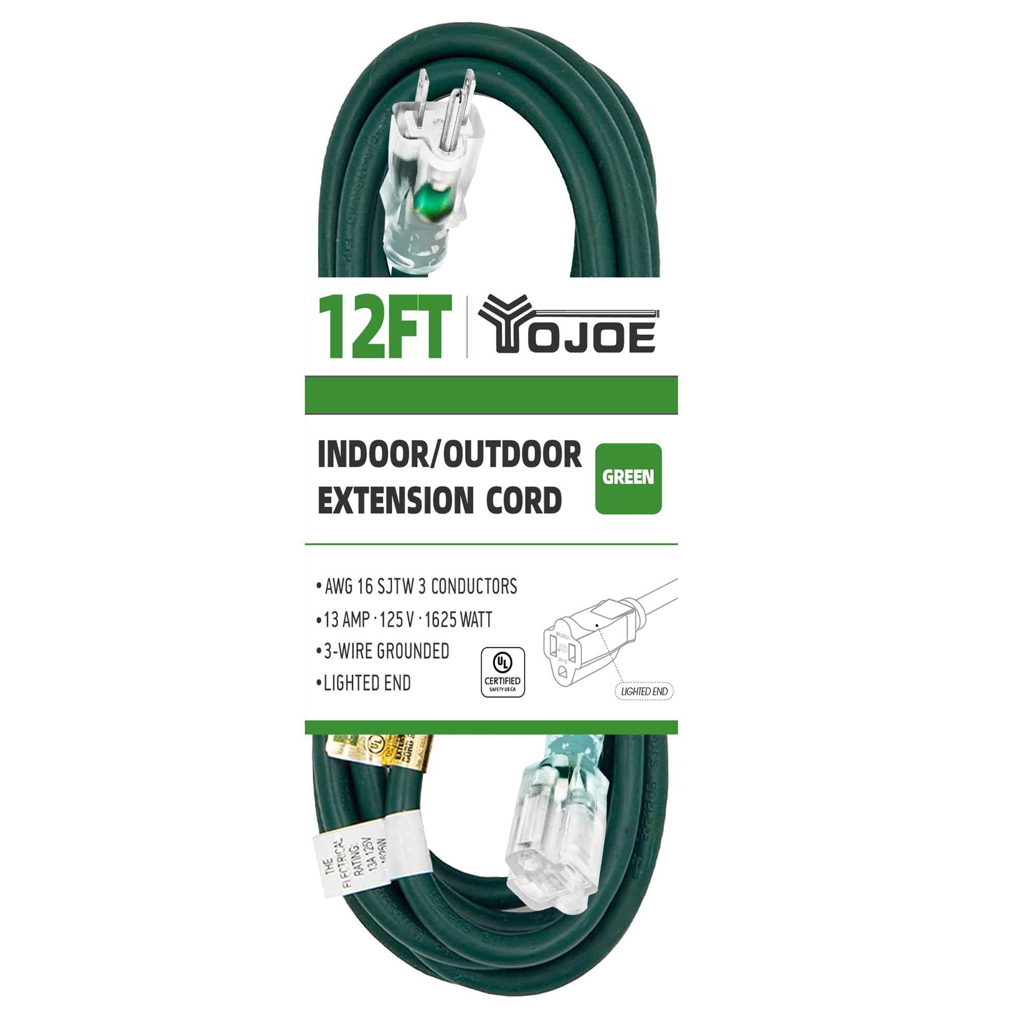 Yojoe Indoor Outdoor Extension Cord With Lighted End, 3 Prong 13A Weatherproof Power Extension Cord, 16 Gauge Heavy Duty 12 Ft G