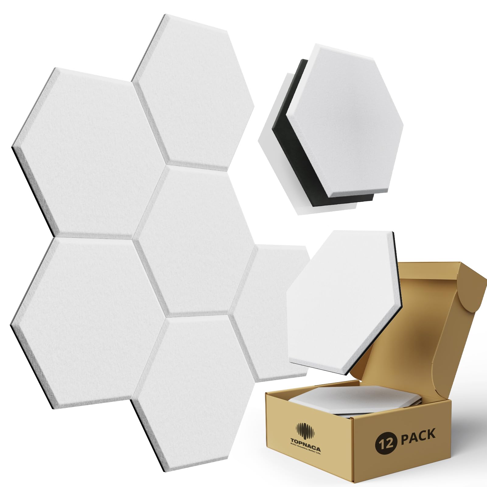 Topnaca 12-Pack Innovative Sound Proof Panels for Walls, Self-Adhesive Hexagon Acoustic Panels with Mass Loaded Vinyl, Noise Abs