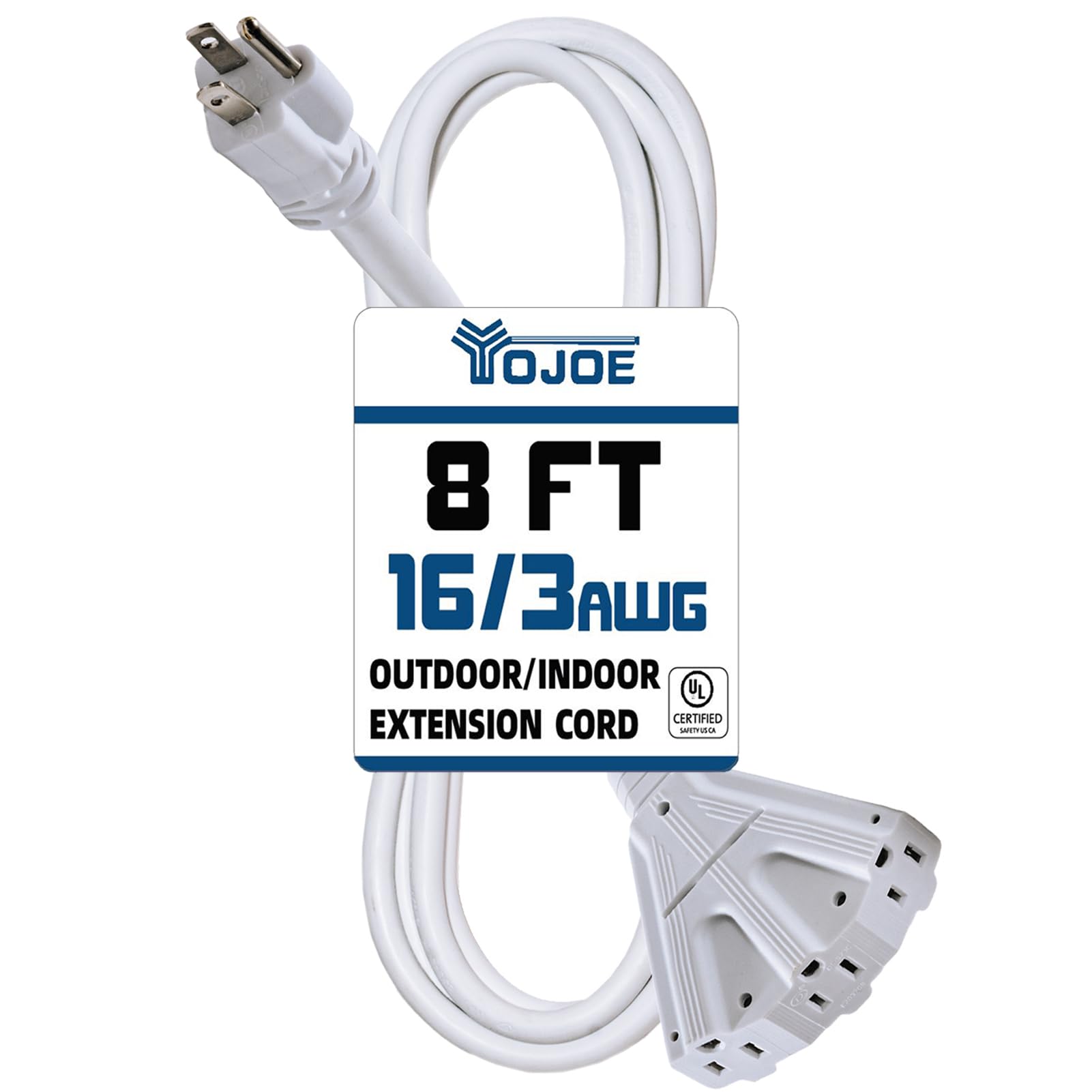 Yojoe 3 Outlets Indoor Outdoor Extension Cord, 3 Prong 13A Weatherproof Power Cord Multiple Outlets, 16 Gauge Heavy Duty 8 Ft Wh