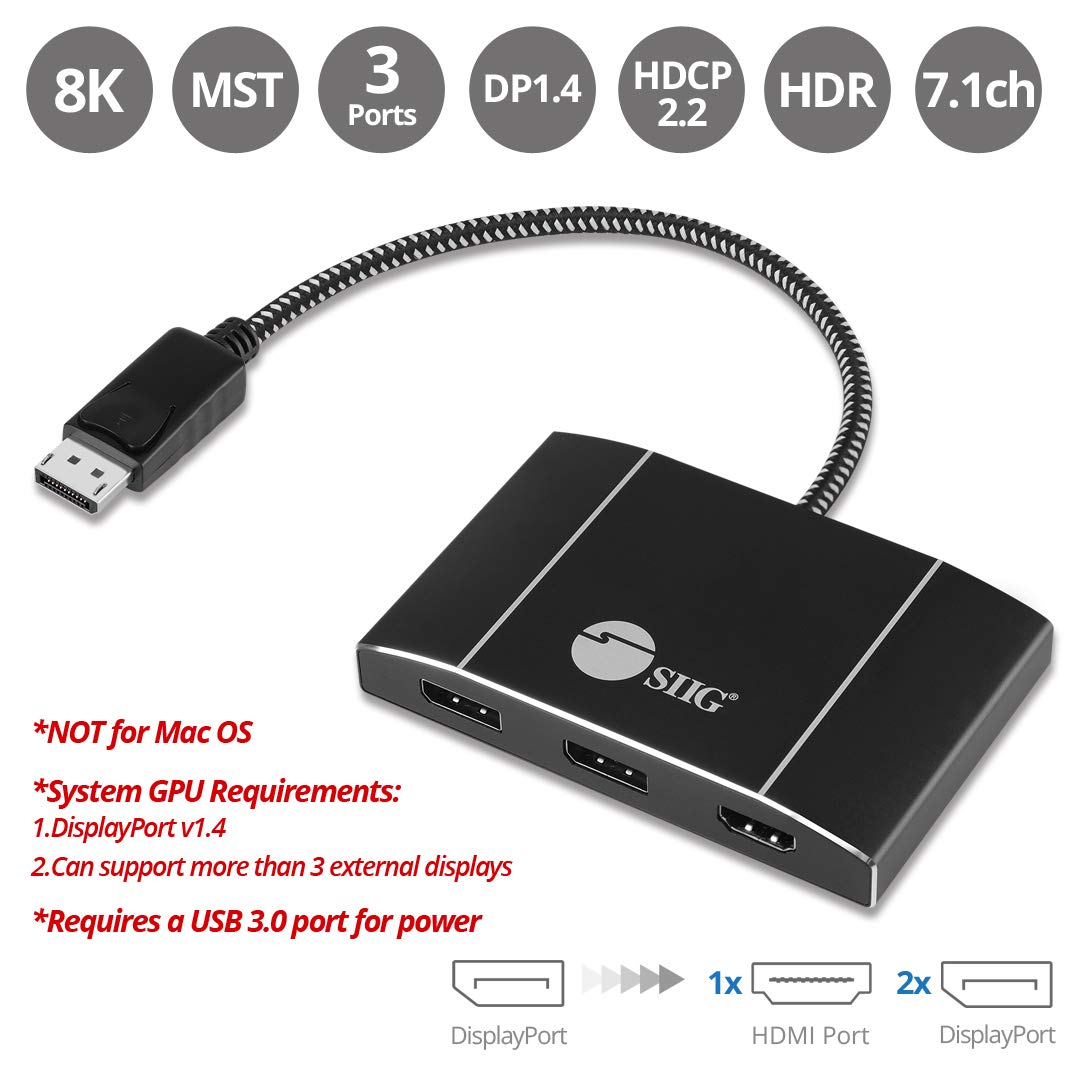 Siig Displayport 1.4 Multiport Mst Hub Video Splitter 4K60Hz   Displayport Splitter 2X Dp, 1X Hdmi, Dp Multiple Monitor Adapter