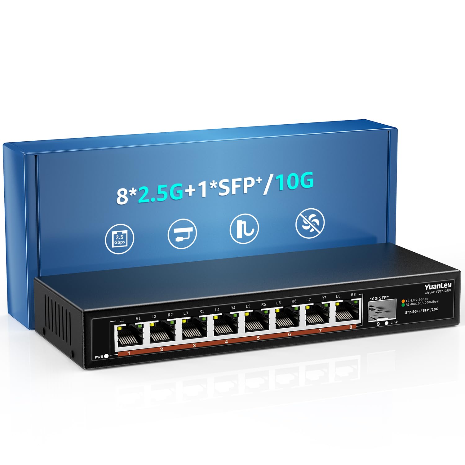 8 Port 2.5G Unmanaged Desktop Ethernet Switch With 10G Sfp, 8 X 2.5G Base T Ports, 60Gbps Switching Capacity, Compatible With 10