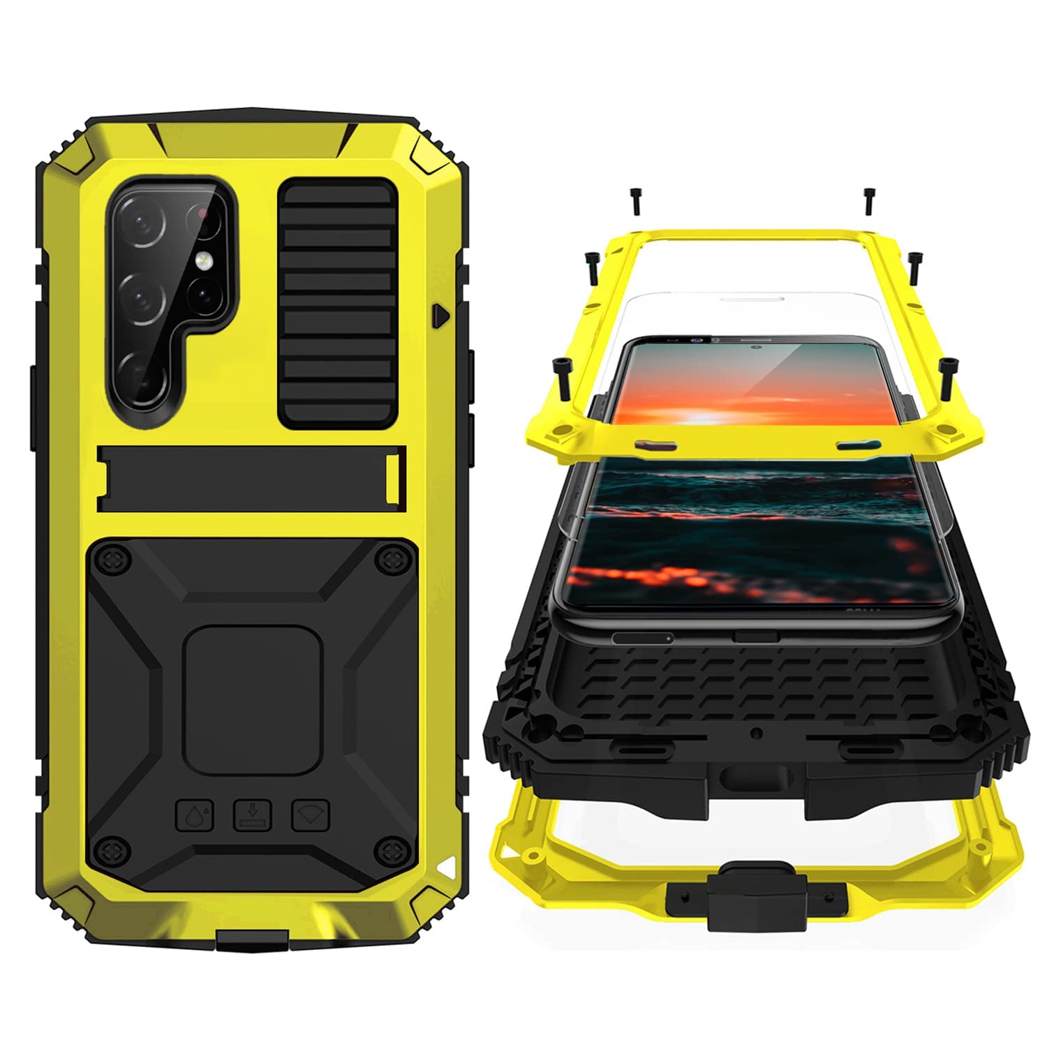 Simicoo Samsung S22 Plus Metal Bumper Silicone Case With Stand Hybrid Military Shockproof Heavy Duty Rugged Case Built In Screen