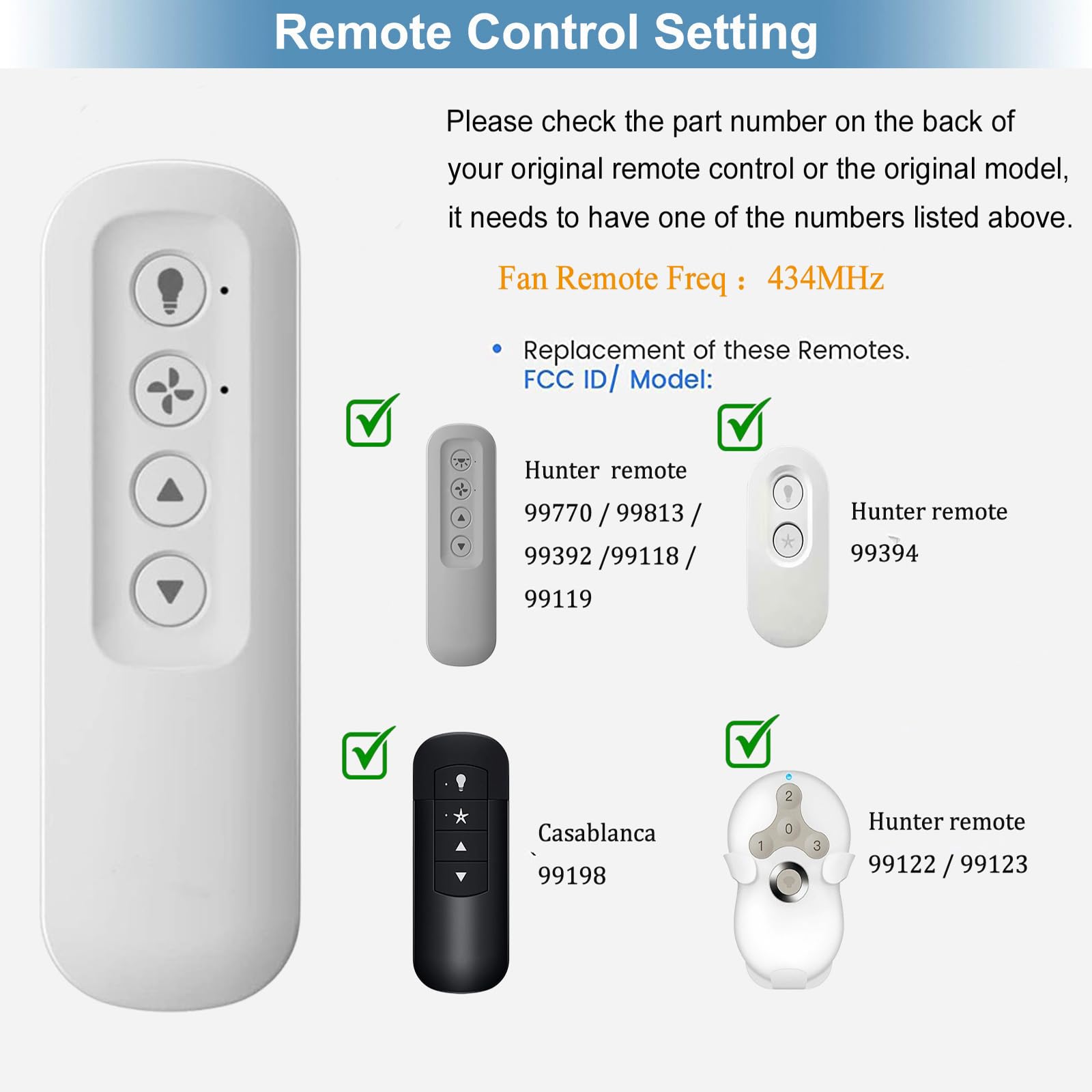 Replacement Remote 99770 99392 99118 99122 99123 99119 Ceiling Fan Remote Control Compatible With Hunter
