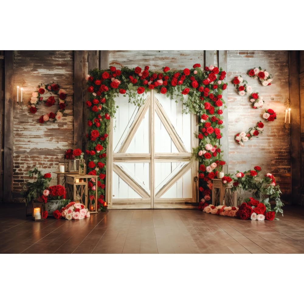 10x6ft Red Rose Brick Wall Wood Door Backdrop for Wedding Bridal Shower Party Decorations Mothers Day Valentines Day Engagement
