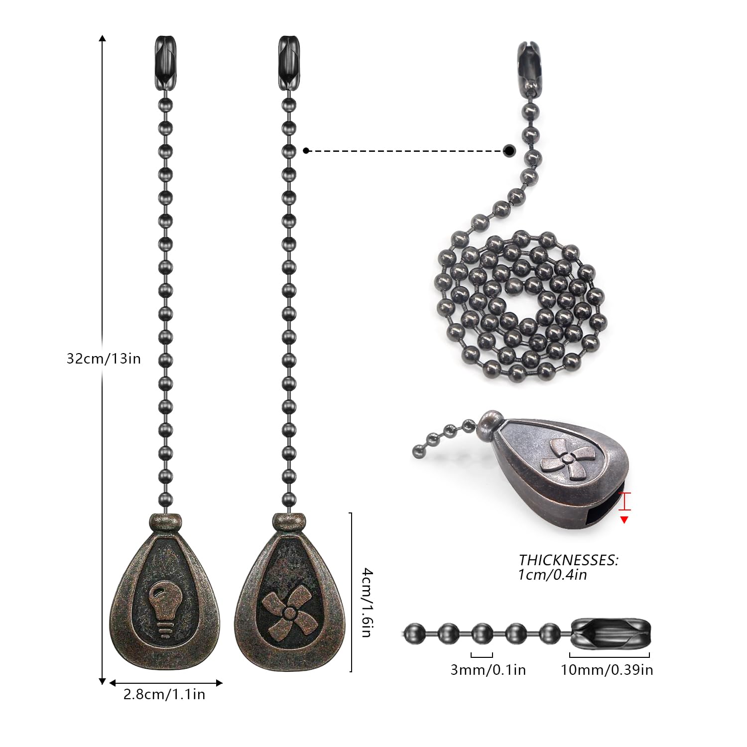 Dotlite Bronze Ceiling Fan Pull Chain Set, Decorative Fan Pull Chain Pendant Extension, 12 Inches Lighting & Fan Beaded Ball Fan