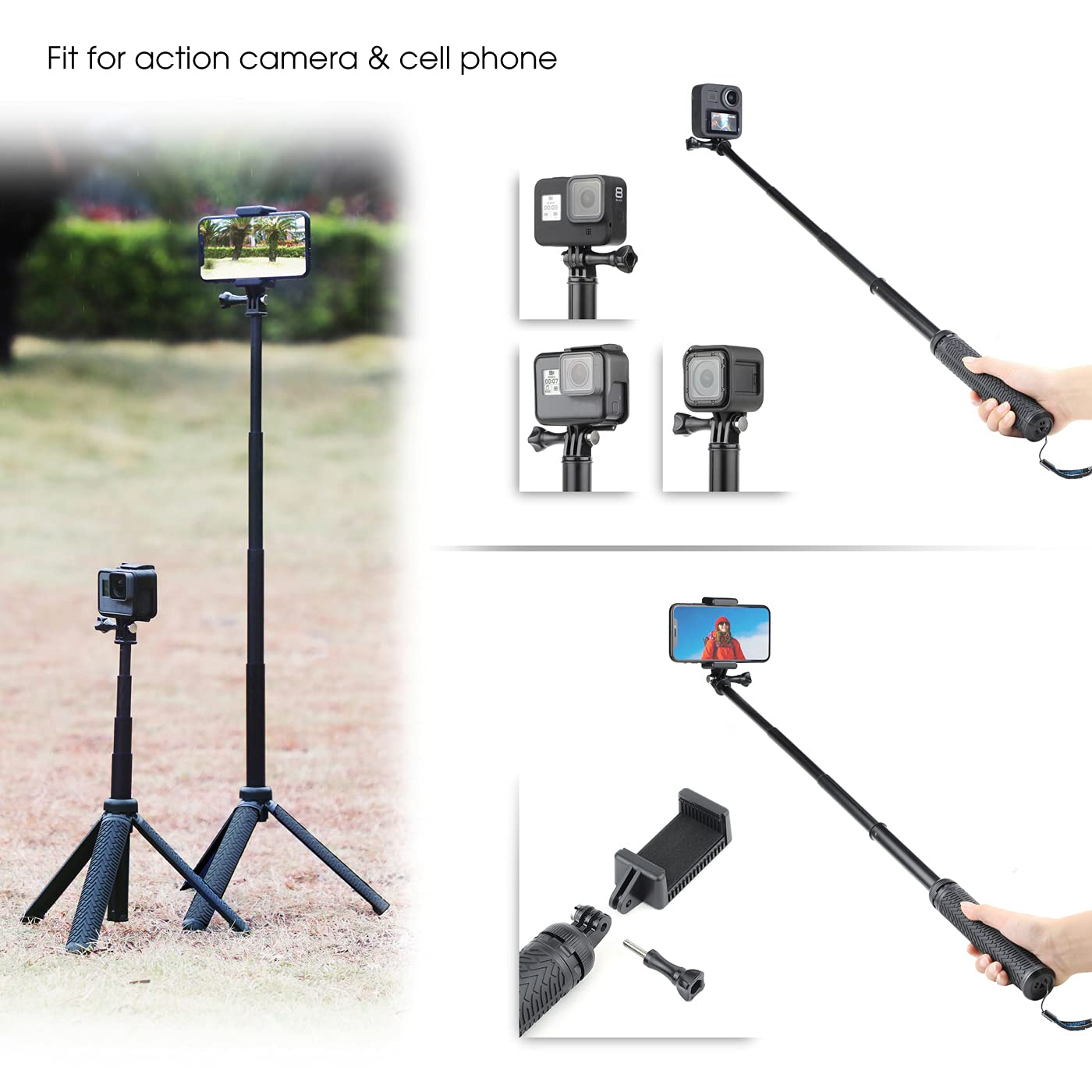 Soonsun 3-In-1 Aluminum Telescoping Selfie Stick Waterproof Monopod Pole Handheld Grip Tripod Stand For Gopro Hero 12 11 10 9 8