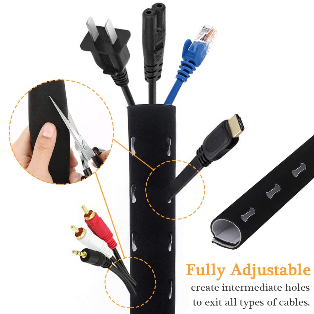 120'' Neoprene Cable Management Organizer, Reversible Flexible Cuttable Diy Hole Cord Hider Cover Sleeve For Office Tv Computer