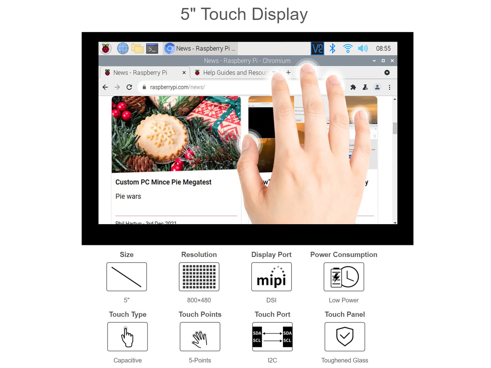 Waveshare 5 Inch Touch Screen For Raspberry Pi Dsi Lcd Screen Monitor 800  480 Display For Raspberry Pi 4B 3B+ 3A+ 3B 2B B+ A+ C