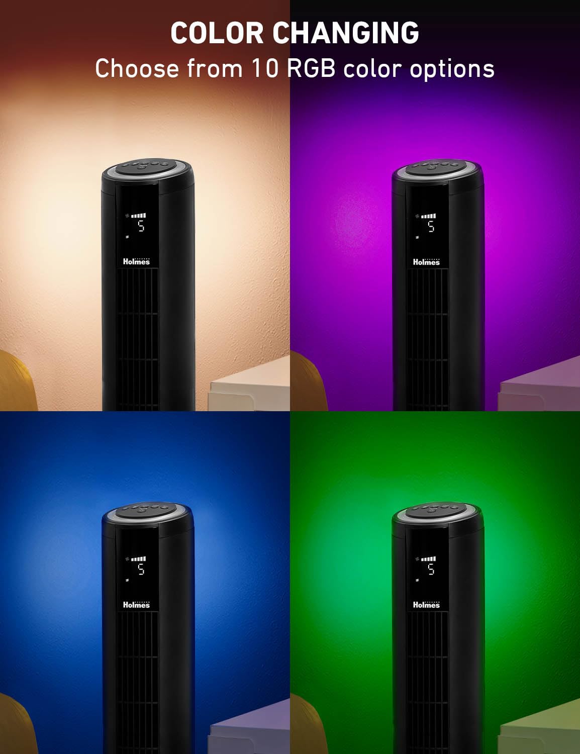 Holmes 42 Digital Tower Fan With Accent Light, Clearread Display, High/Low Brightness Level, 90 Oscillation, 5 Speeds, 4 Modes,