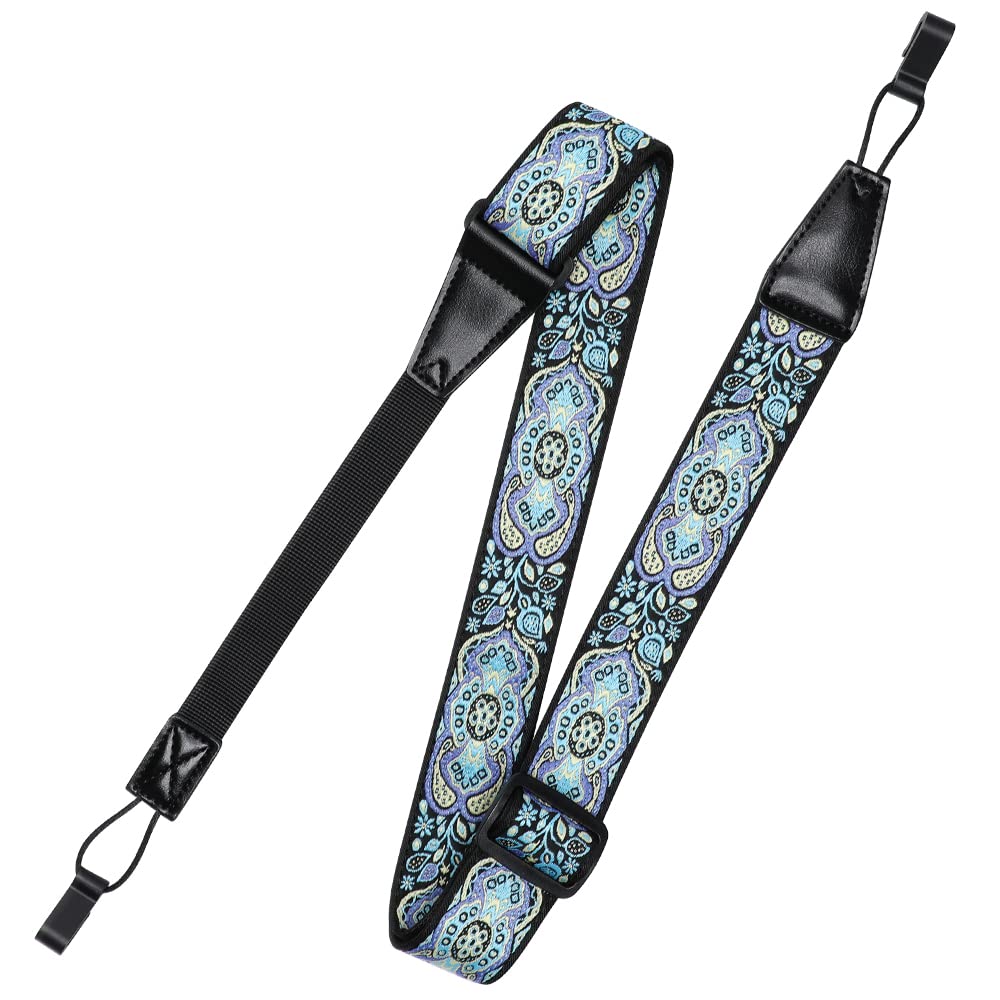 Ukulele Strap No Drill, Ihobor Adjustable Double J Hook Uke Shoulder Strap, Premium Jacquard Blue Totem Clip On Ukelele Strap, E