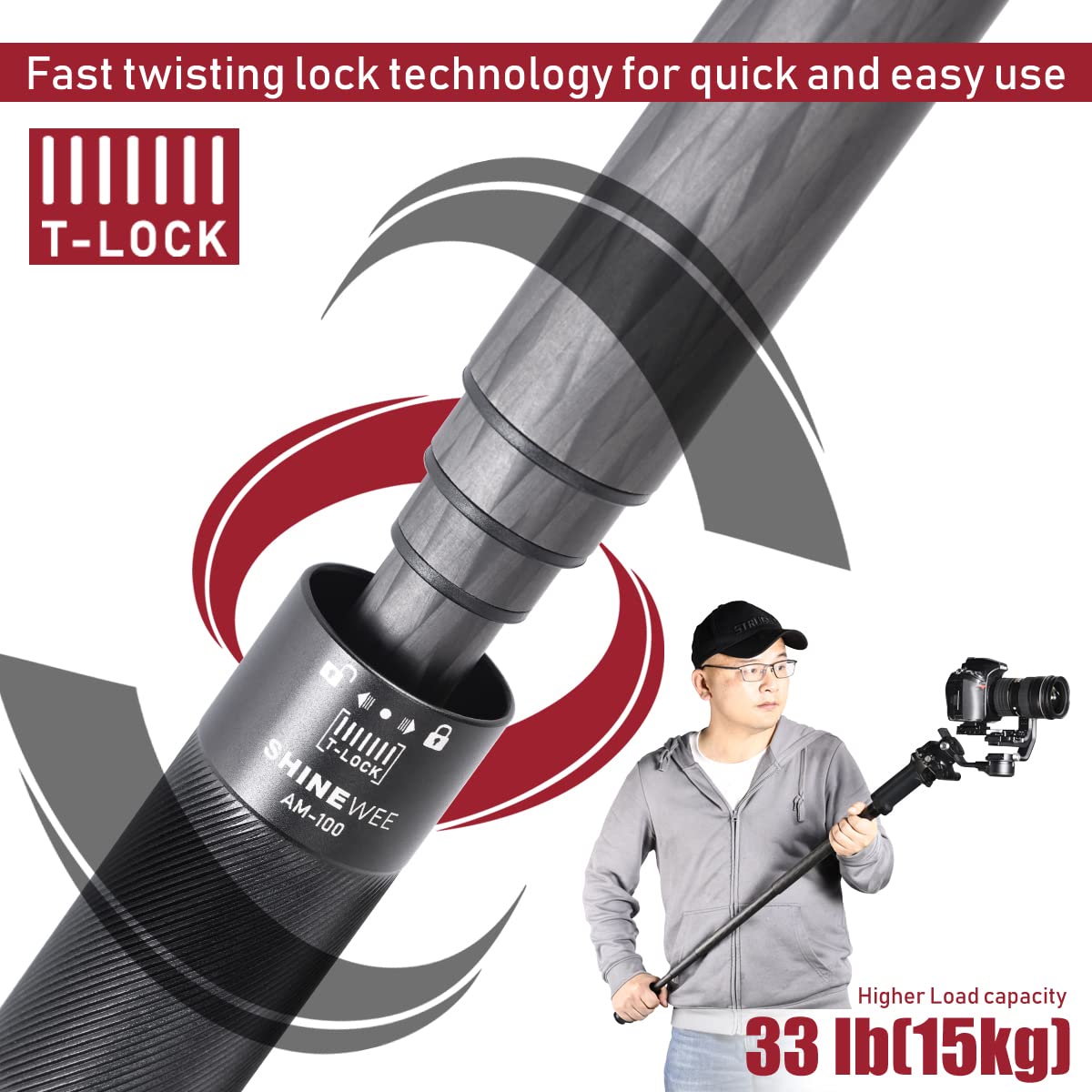 Carbon Fiber Extension Pole,Fast Twisting Lock 4 Section Tube,1/4' Screw Mount Compatible With Camera Phone Gimbal Stablizer Gopro Dji Osmo,Lightweight Digital Camera Selfie Stick