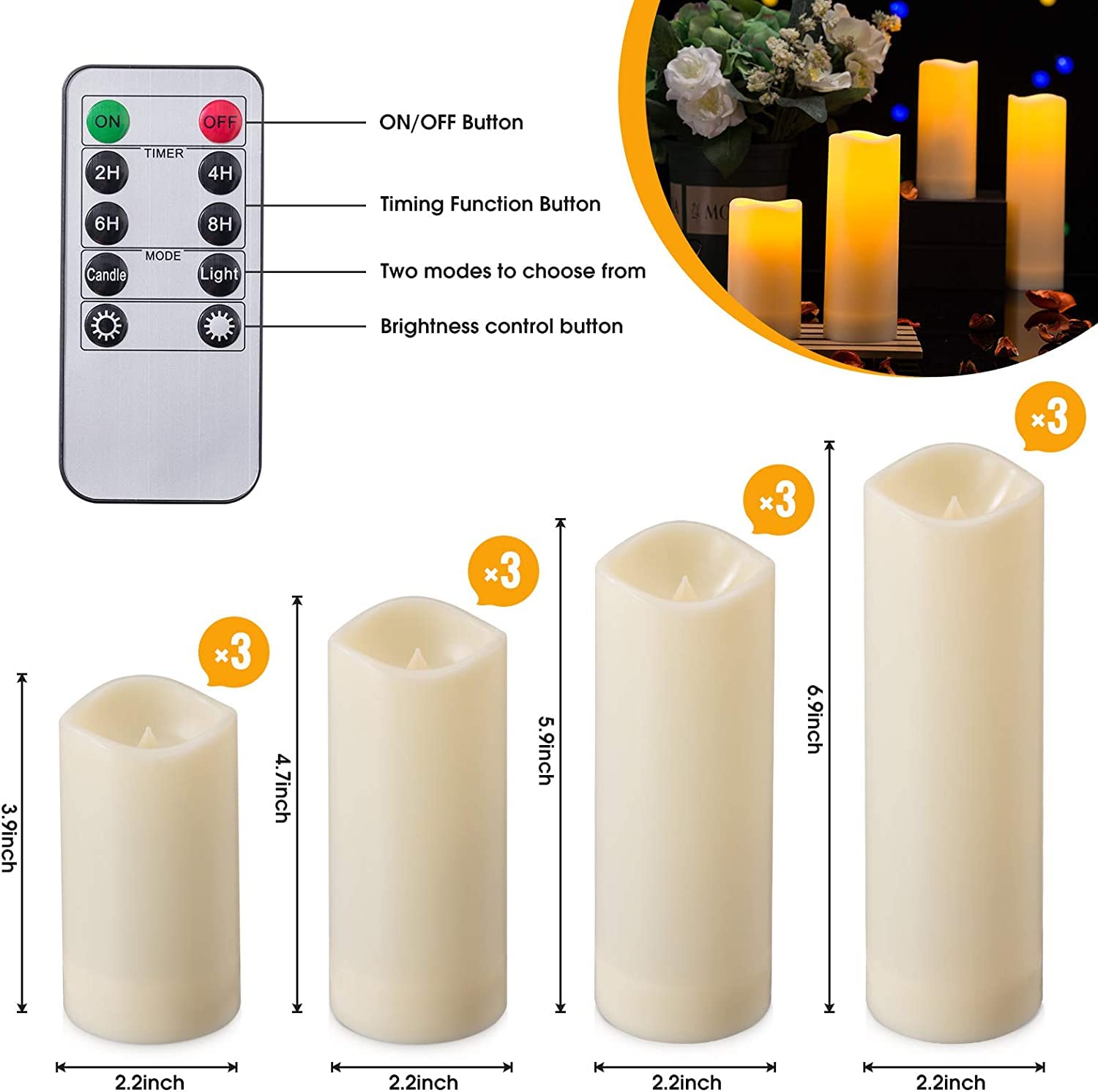 Yoroxrg 12 Pack Flameless Candles Battery Operated Waterproof Led Candles (D:2.2'' X H:4'' 5'' 6'' 7'') Candles With 2 Remotes C