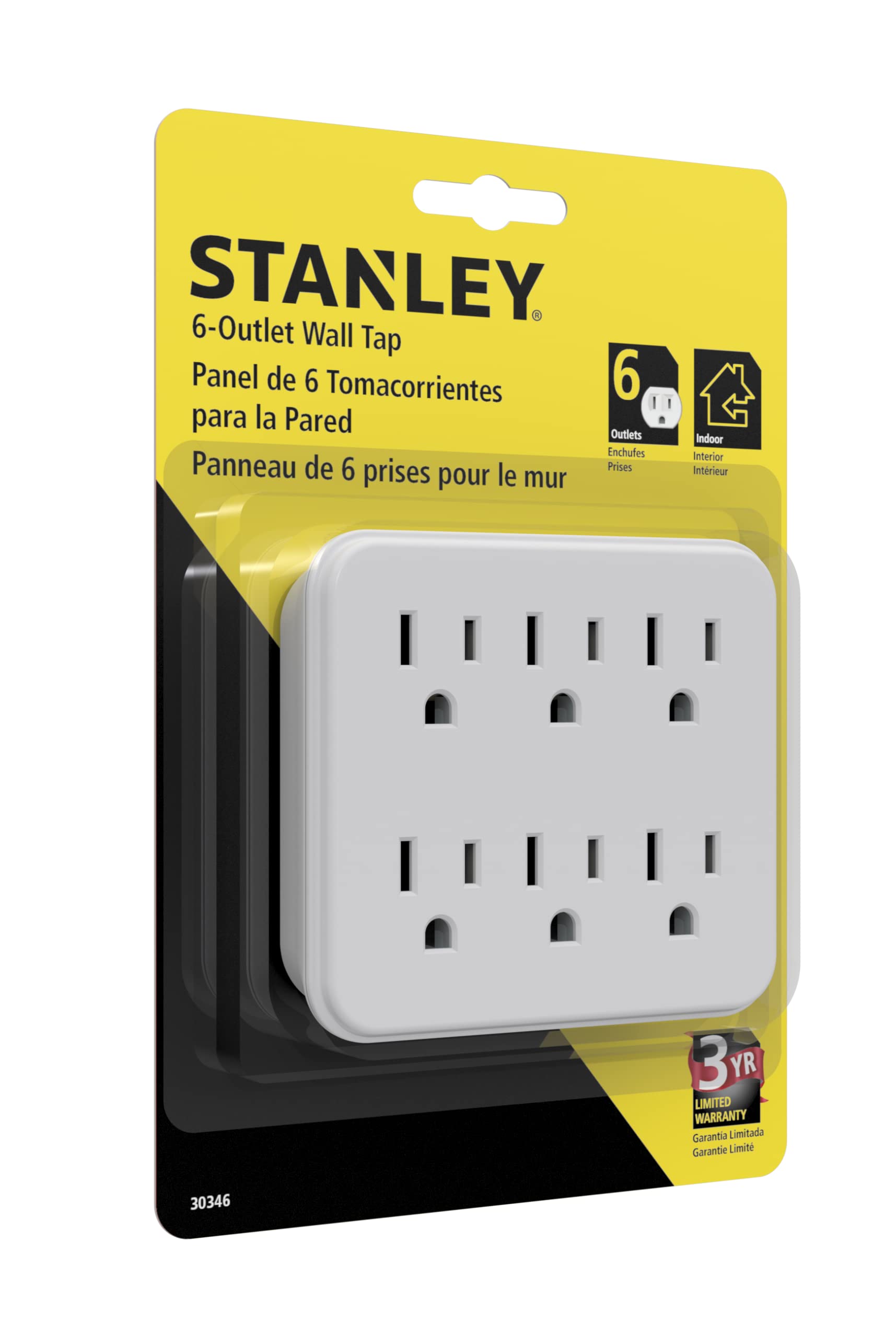 Stanley 30346 6 Outlet Wall Tap With Grounded 6 Outlet Wall Adapter, White