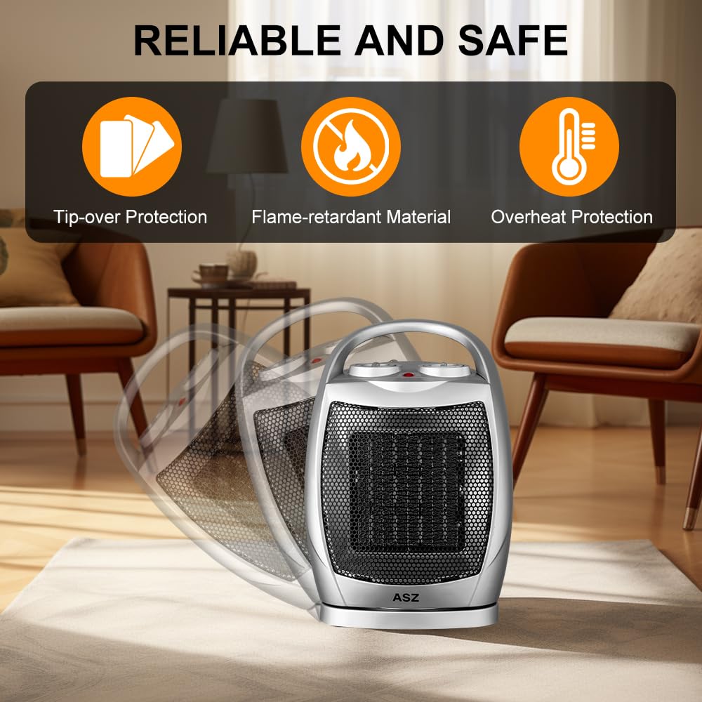 Asz Small Ceramic Space Heater Desk Indoor Use, 750W/1500W Safe Heat Electric Heater With Thermostat, Ul Certificate, Quiet For