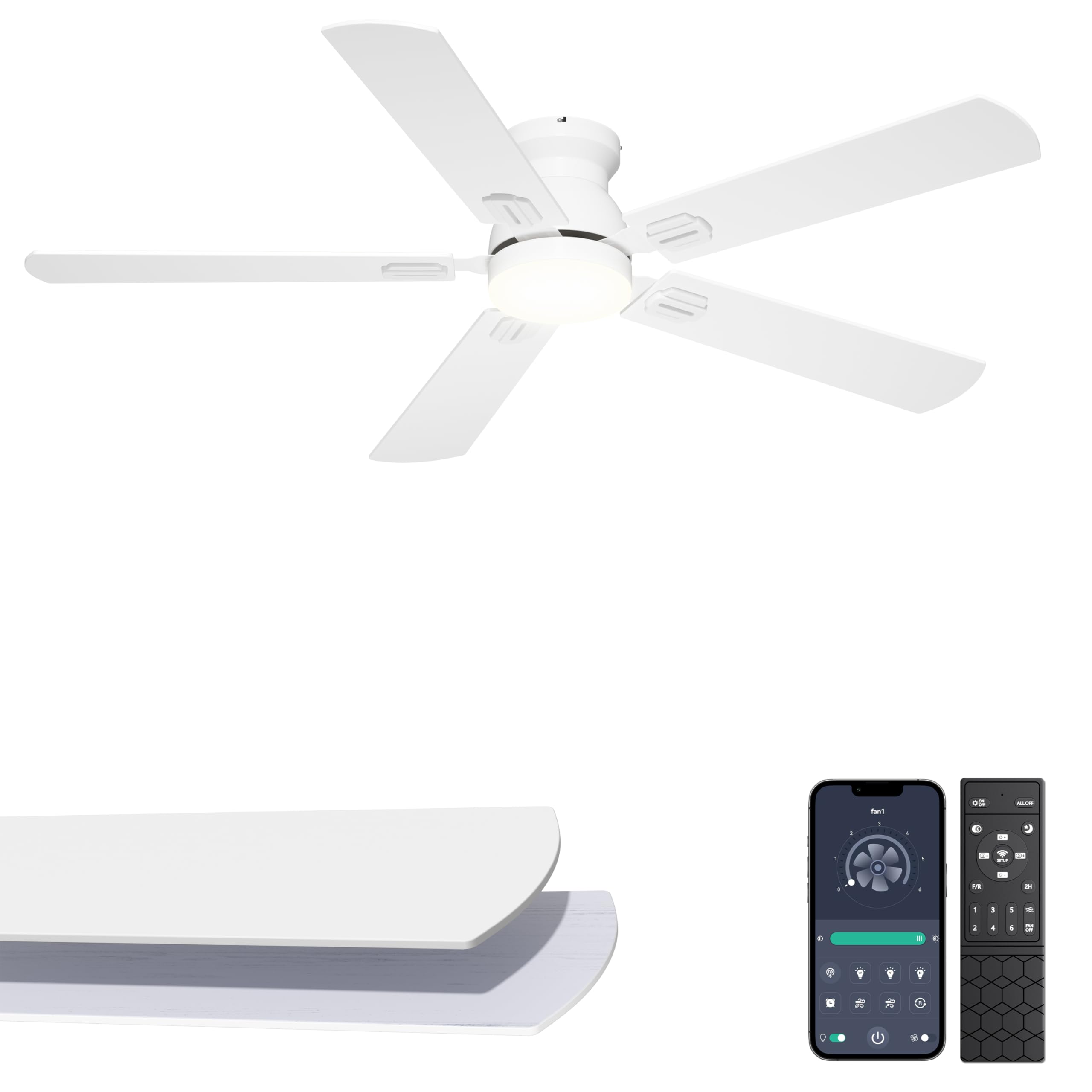 Phylluz 52 Low Profile Ceiling Fan with Light, White Flush Mount Ceiling Fan for Low Ceilings, Quiet DC Motor, App/Remote Cont