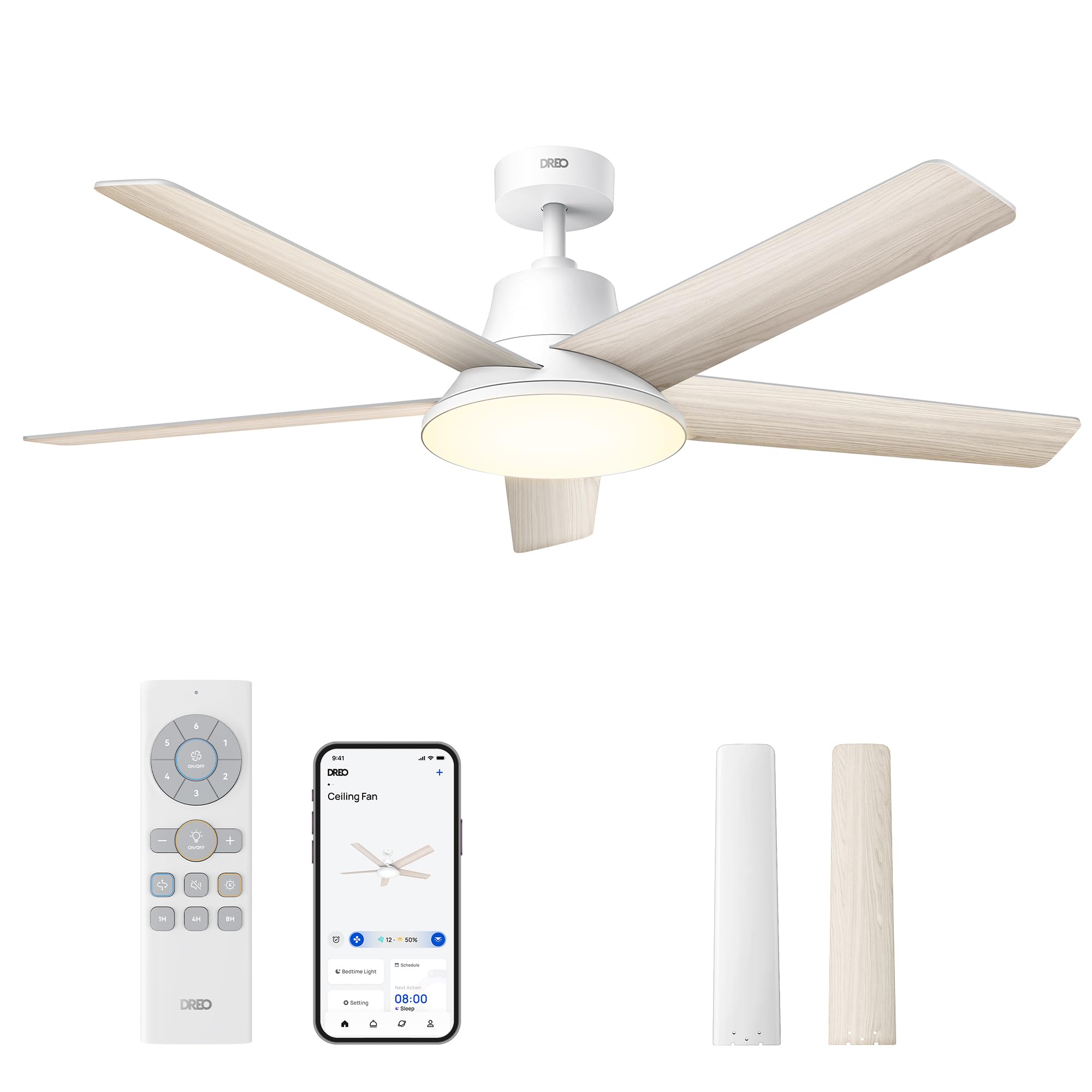 Dreo Smart Ceiling Fan With Lights, 52 Inch, 12 Speeds & 3 Fan Modes, Stepless Color Tones, Dimmable Led Light, 12H Timer, Quiet