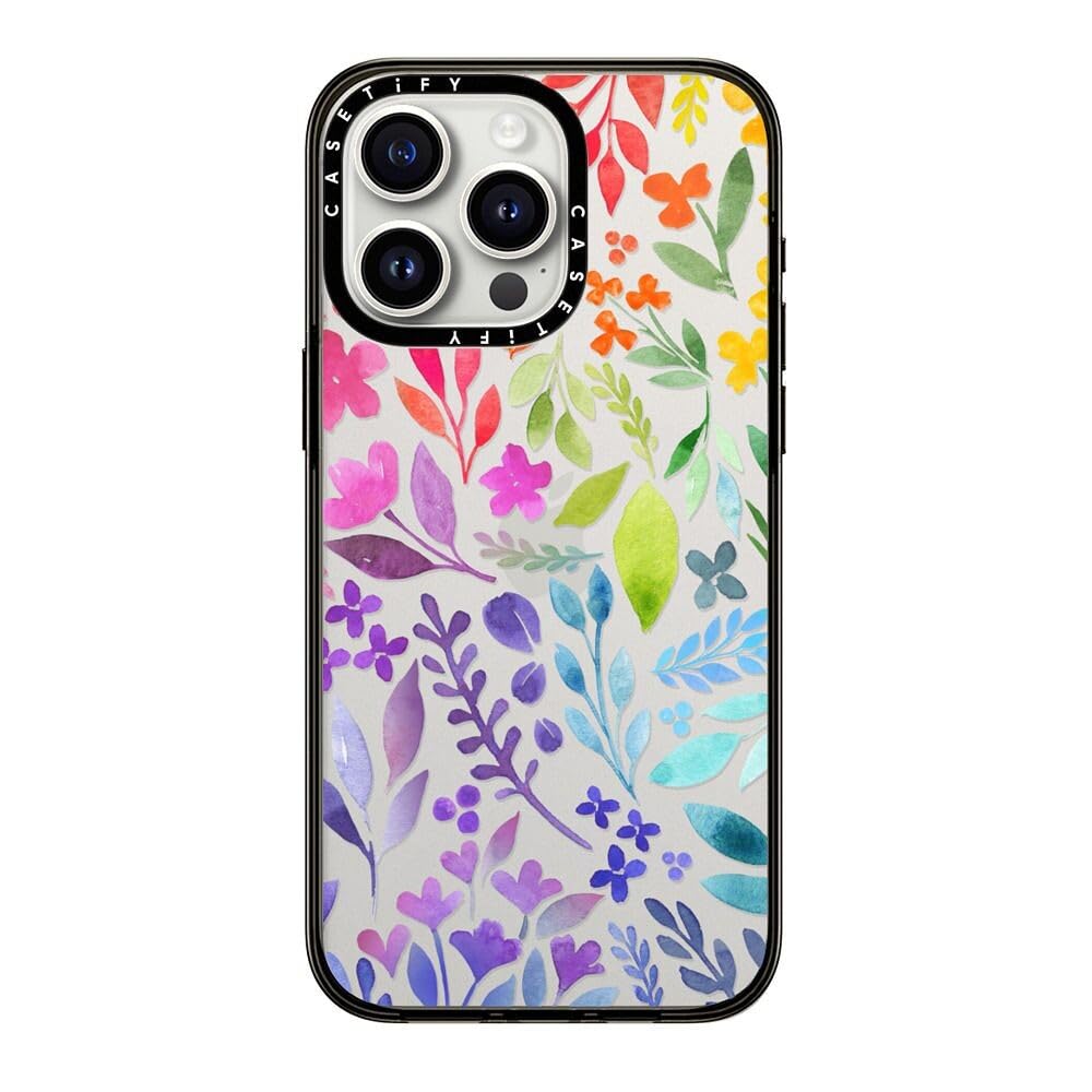 Casetify Compact Case For Iphone 15 Pro Max [2X Military Grade Drop Tested / 4Ft Drop Protection]   Floral Rainbow   Clear Black