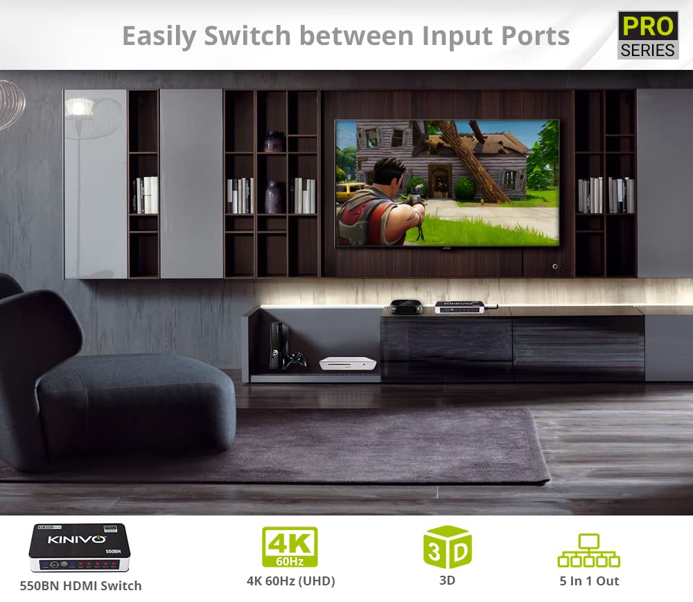 Kinivo Hdmi Switch 4K Hdr 550Bn (5 In 1 Out, 4K 60Hz Hdr, Hdmi 2.0, High Speed 18Gbps, Ir Remote, Hdcp) - Compatible With Roku,