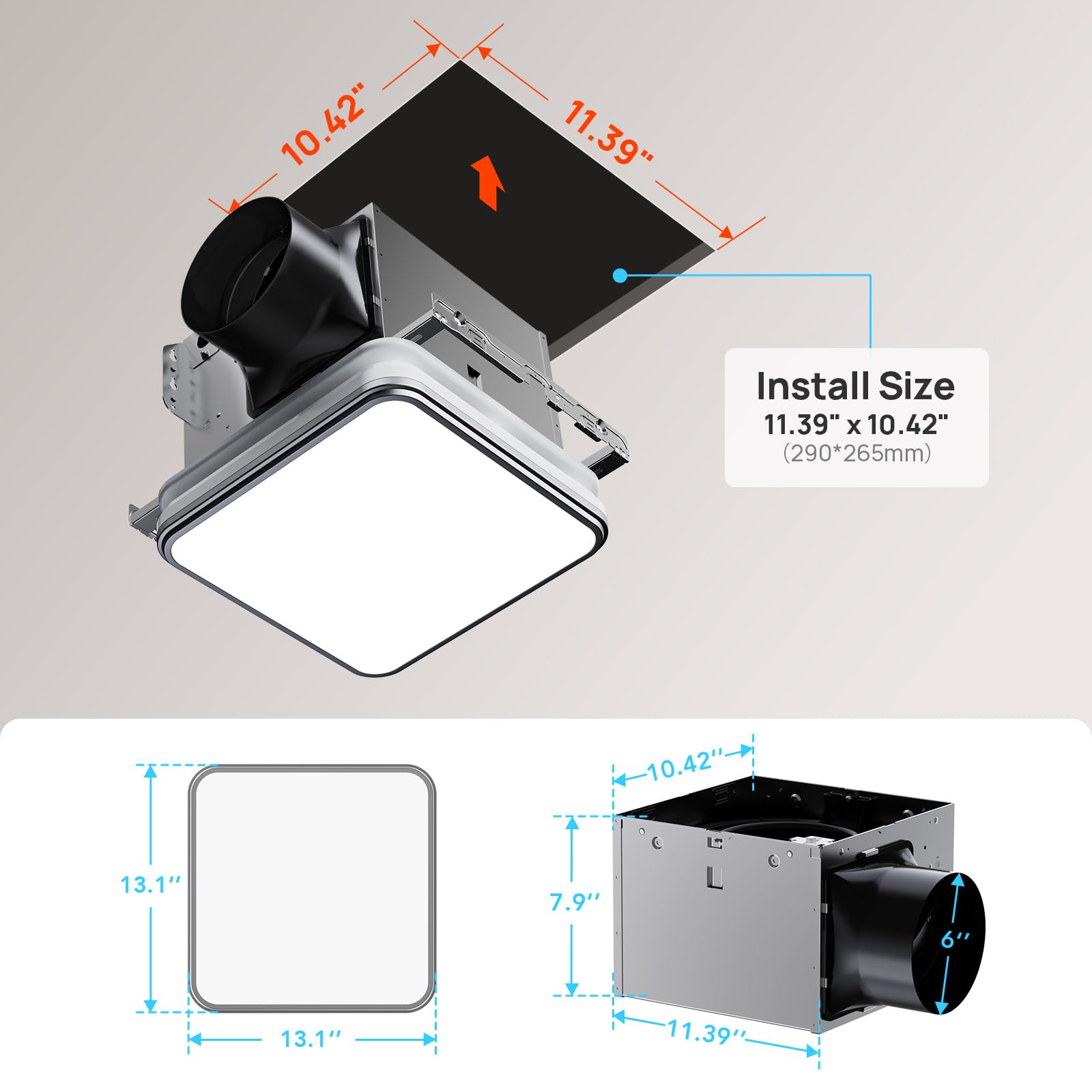 Consciot Bathroom Exhaust Fan With Light, 110/160 Cfm Adjustable, 1.0 Sone, Suitable For Square Mounting Hole 11.39 X 10.42 Inch