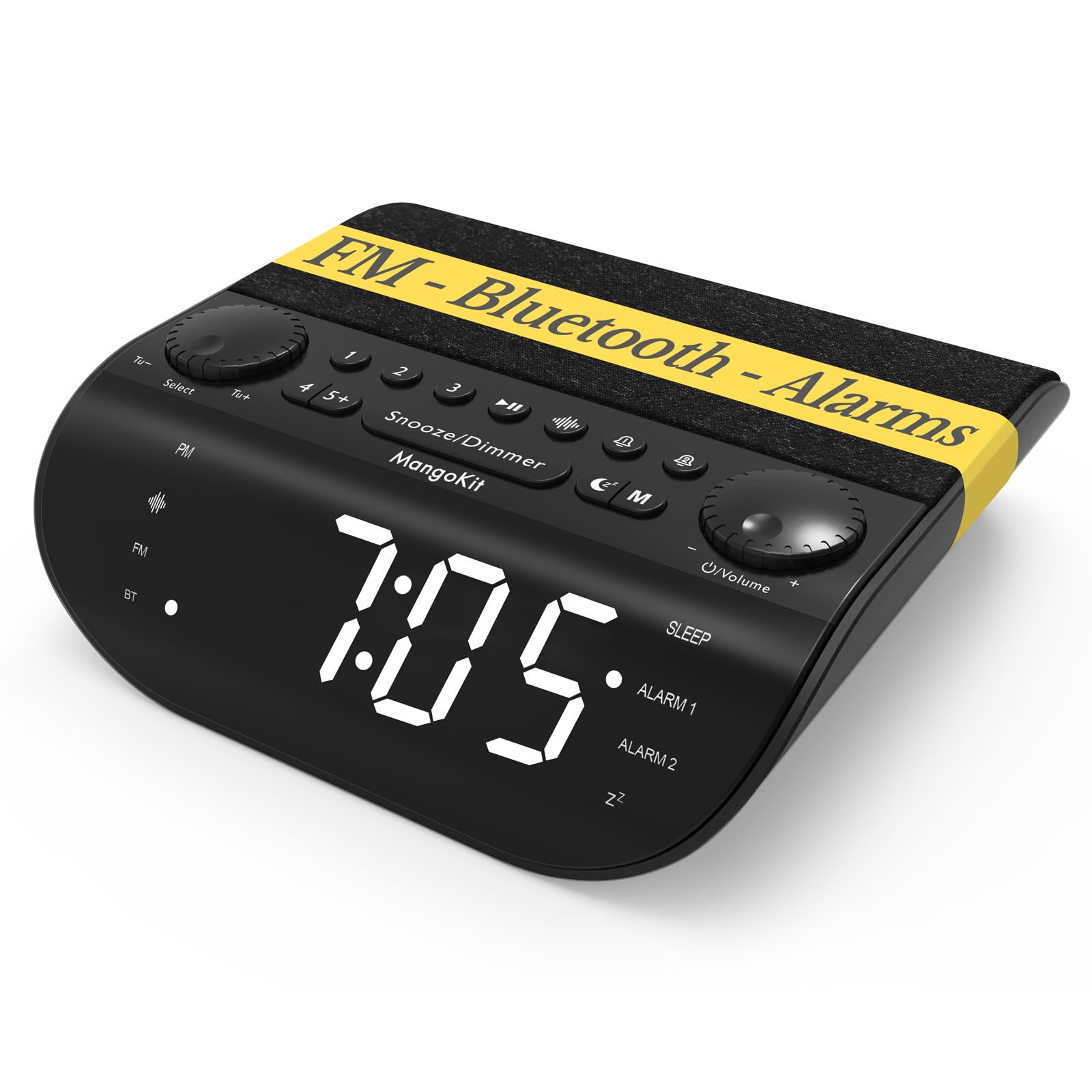 MangoKit FM Radio with Bluetooth 5.3, Dual Alarm Clock for Bedrooms, 90dB Loud Alarm for Heavy Sleepers, Snooze, 9 Natural Sound