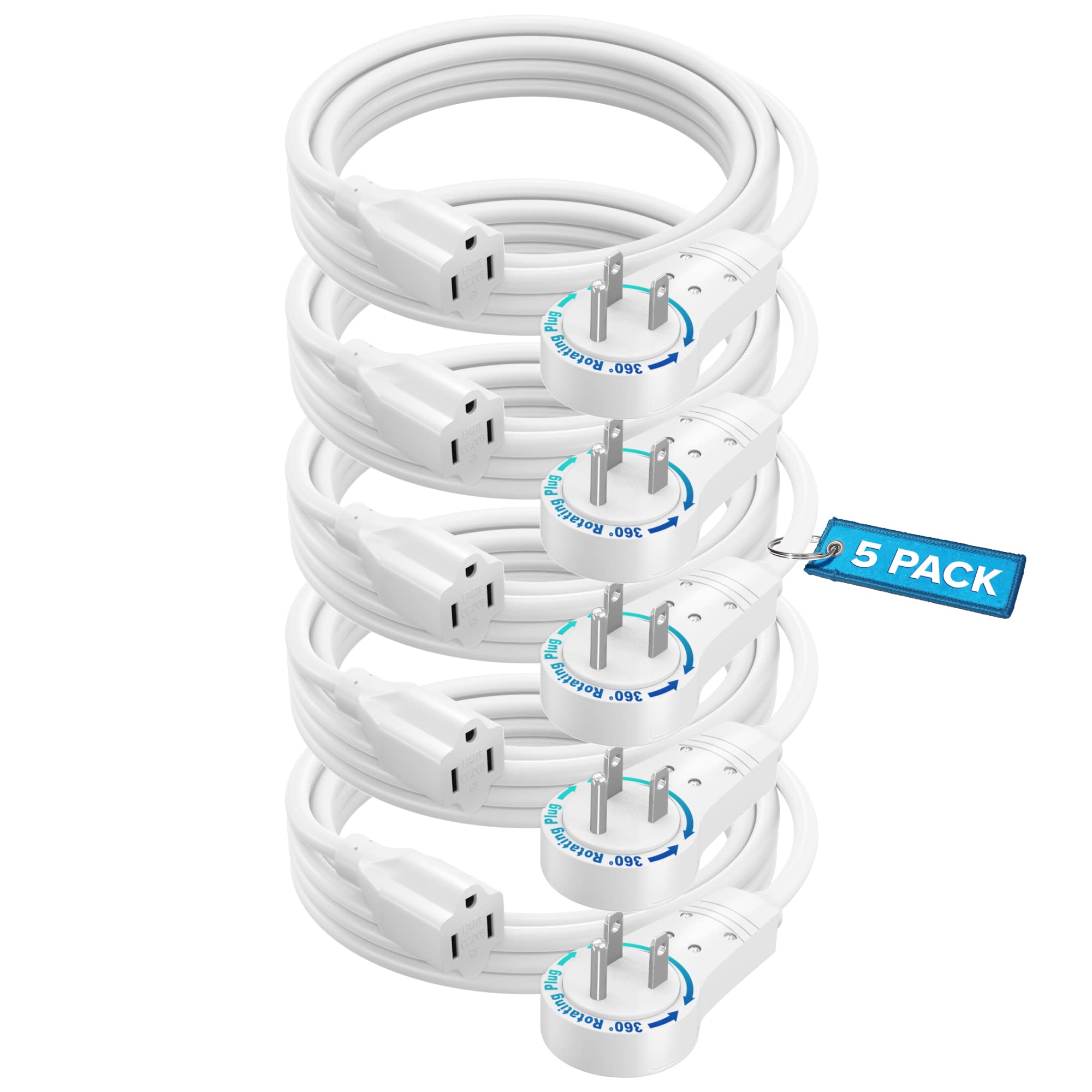 Maximm Extension Cord 6 Feet White (5 Pack) Flat Plug, 360 Rotating Short Power Cord Single Outlet, Indoor 16 Gauge 3 Prong Grou