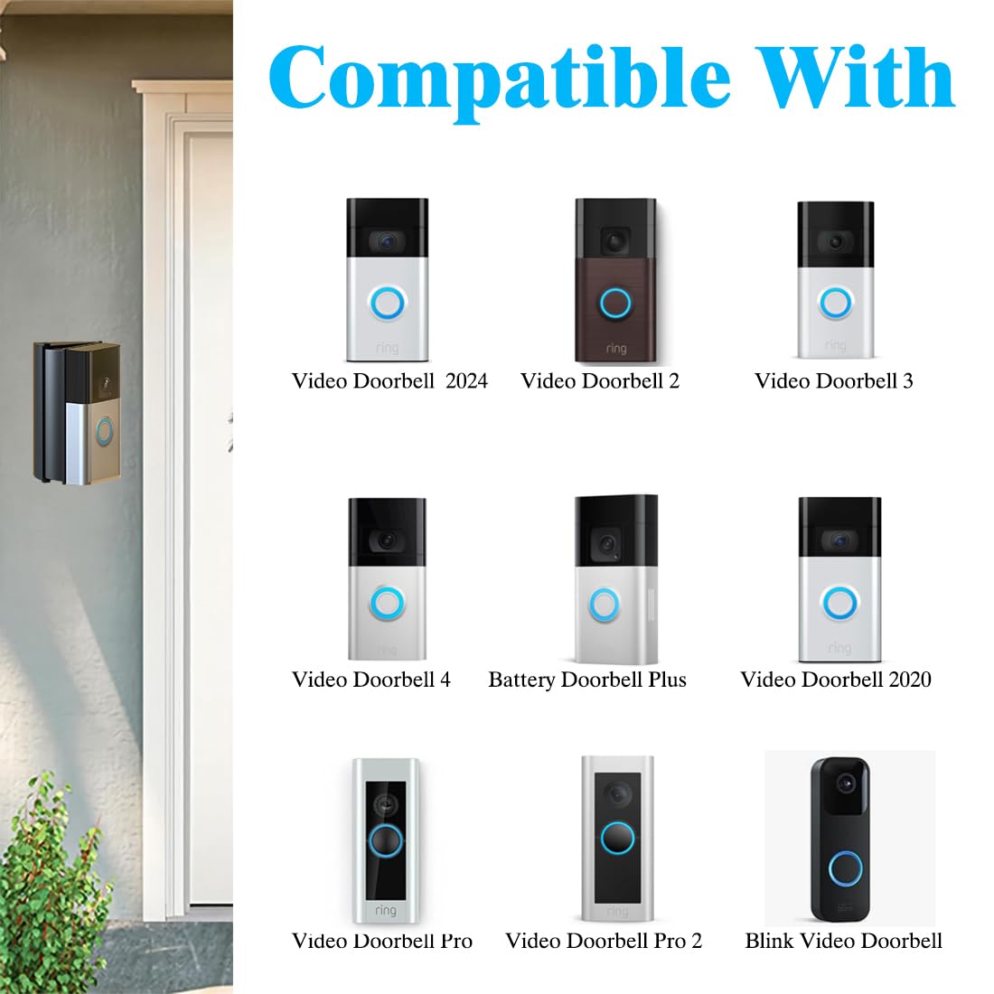 Adjustable (30 To 55 Degree) Video Doorbell Angle Mount, Compatible With Video Doorbell 1/2/3/4/(2020 Release)/Battery Doorbell/