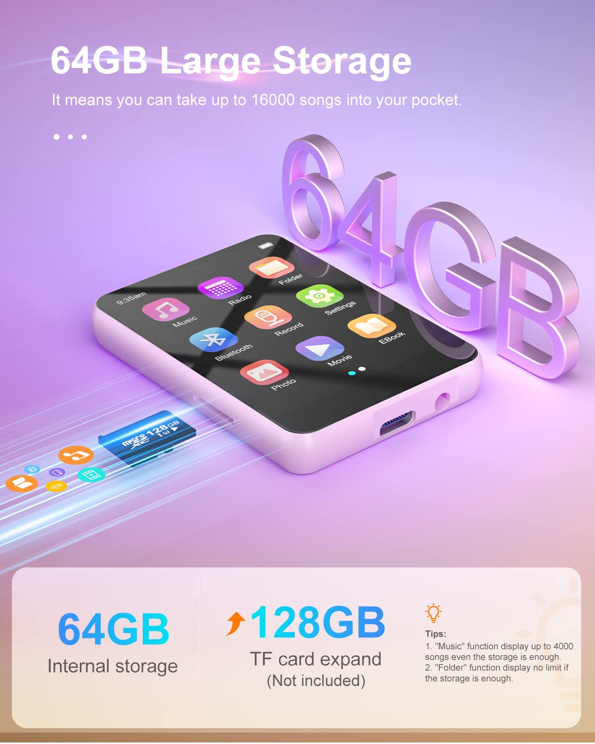 64Gb Mp3 Player With Bluetooth 5.3, Portable Digital Lossless Music Player With Built In Speaker, 2.4 In Full Touch Screen, Fm R