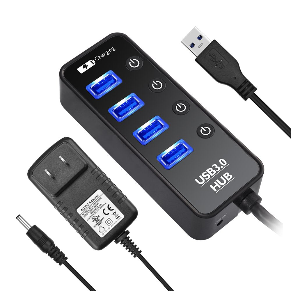 Usb Hub 3.0 Powered, Lyfnlove Usb Extender 4 Port Data Usb Hub With Power Adapter And 1 Smart Charging Port, Usb Splitter With On/Off Switches For Macbook, Mac Pro/Mini, Imac, Surface Pro Laptop/Pc