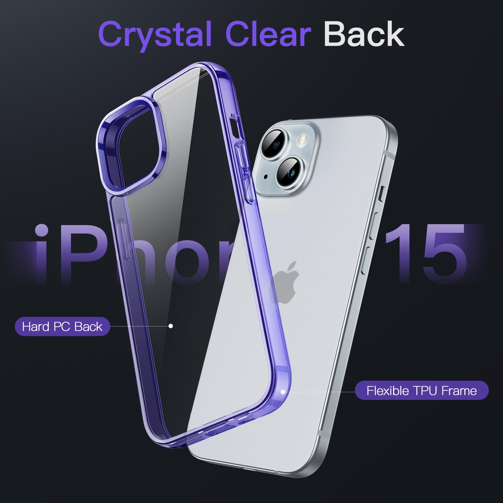 Jetech Case For Iphone 15 6.1 Inch, Non Yellowing Shockproof Phone Bumper Cover, Anti Scratch Clear Back (Light Purple)