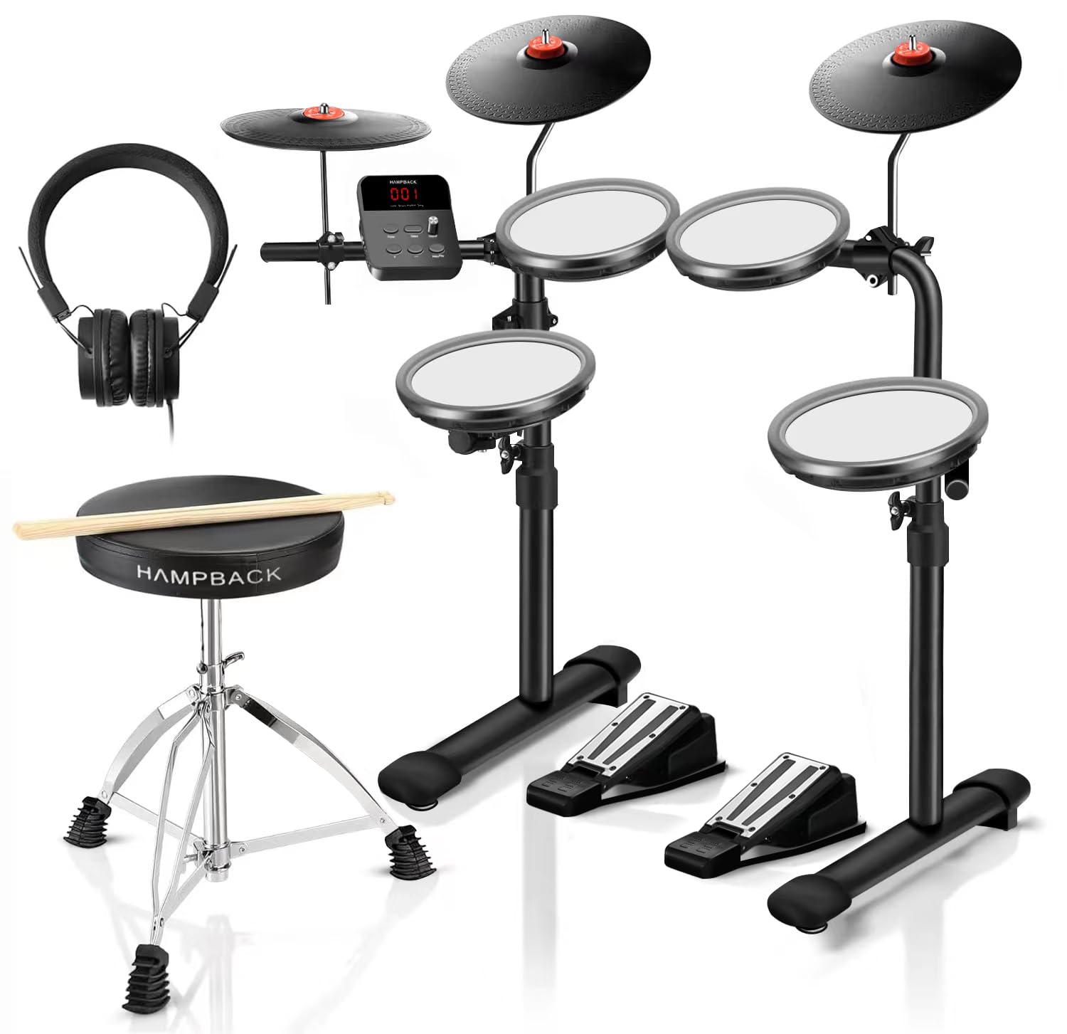 HAMPBACK MK-0 Electric Drum Set with 7 Quiet Mesh Drum Pads, 8 Full Rubber Cymbals, 12 Kits and 68 Authentic Sounds, USB MID
