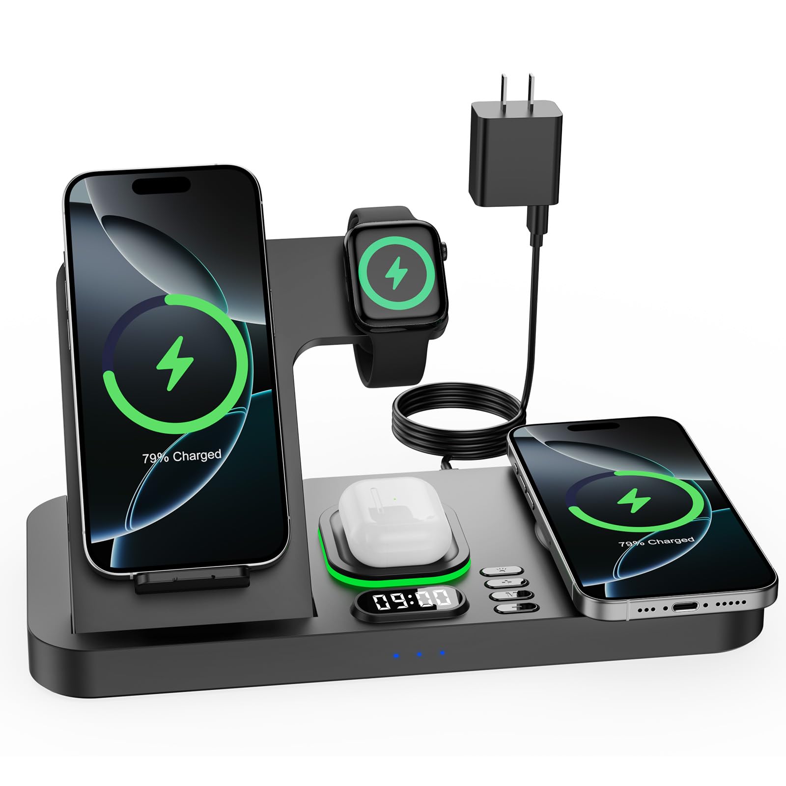 Dual Phone Wireless Charging Station for Apple Devices, Magnetic Charging Station for iPhone with Auto Switch 7-Color Light&Cloc