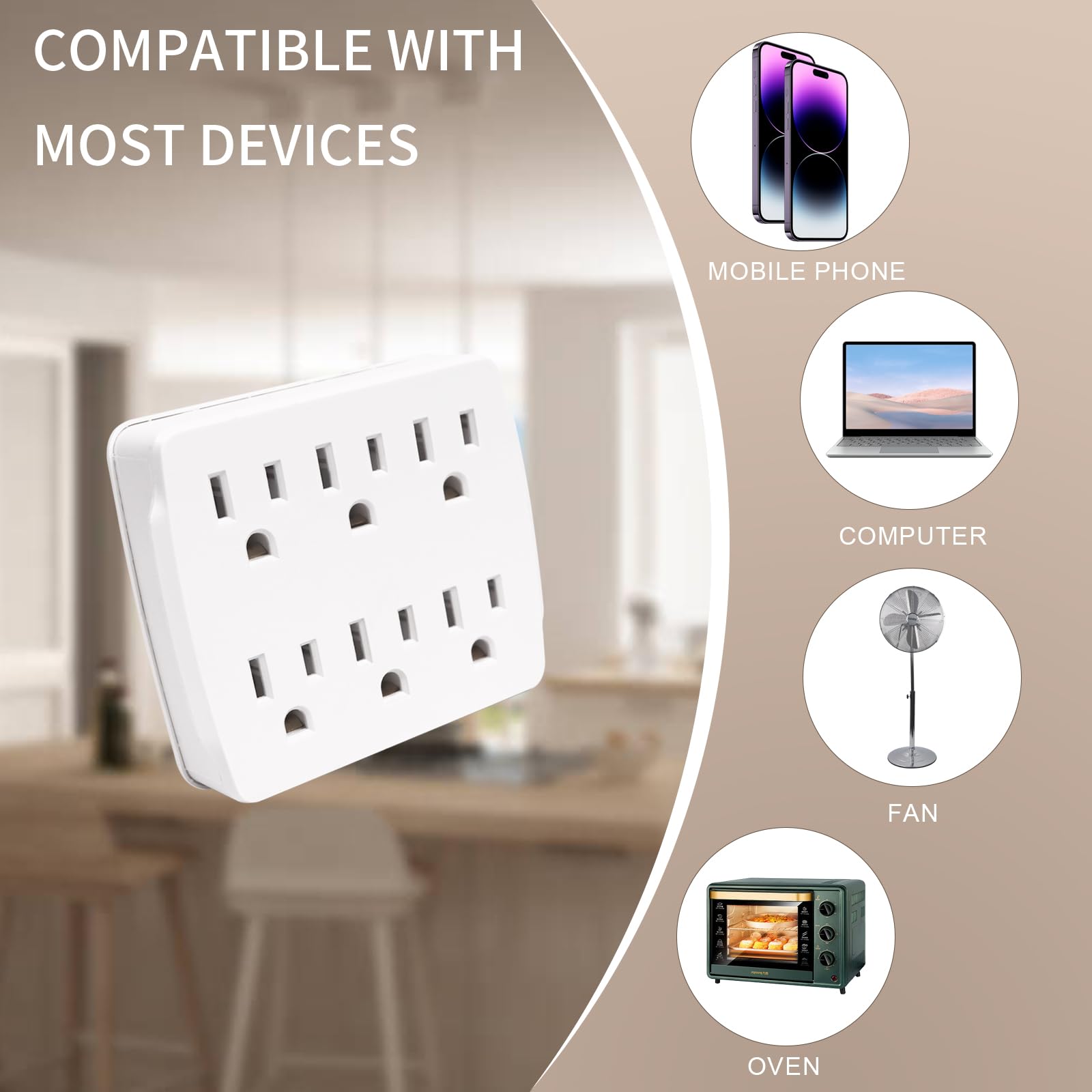 Extrastar 6 Outlet Extender, Multi Plug Outlet With 3 Prong Electrical Outlet Splitter, 15A/125Vac/1875W, Grounded Wall Outlet T