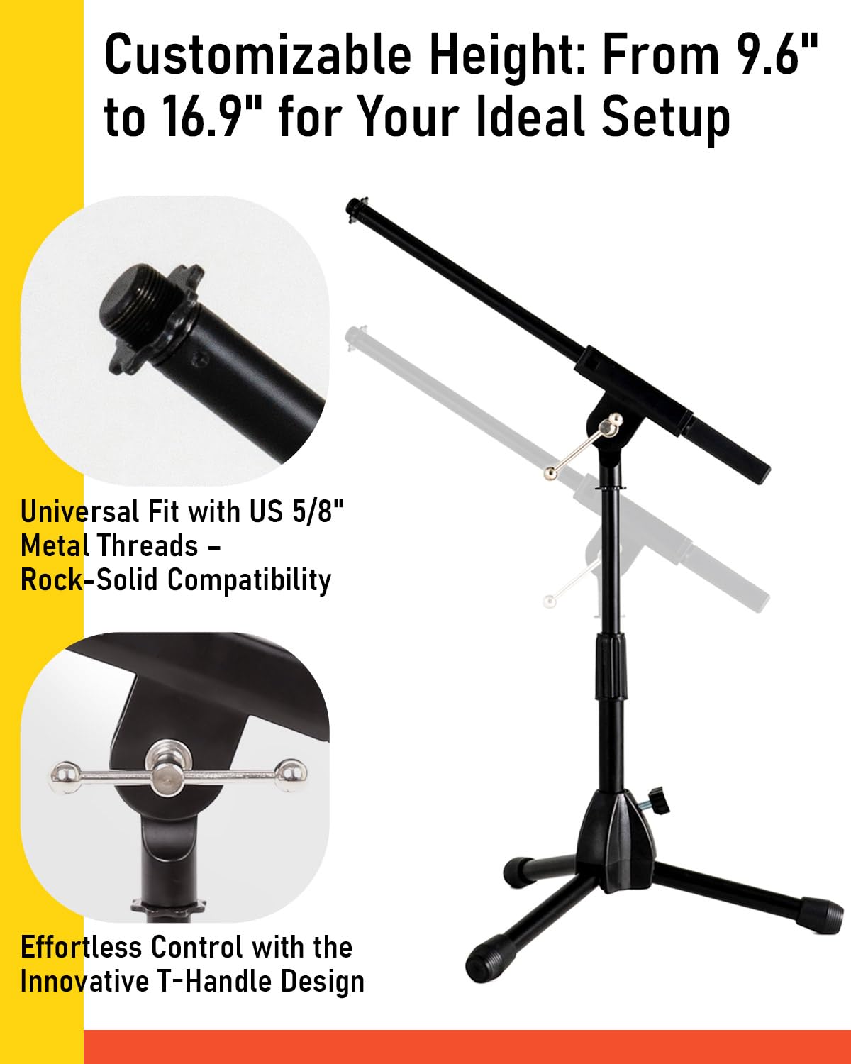 Stage Rocker Foldable Tripod Low-Profile Mic Boom Stand - Height Extending From 9.6 To 16.9, W/Adjustable Telescoping Arm Up