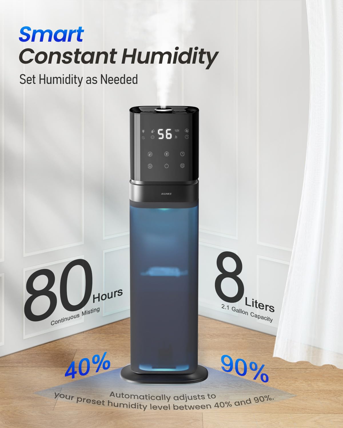 Ailinke Smart Humidifier Large Room, 2.1Gal/8L Humidifiers For Bedroom With Extended Tube&Night Light, Whole House Cool Mist Hum