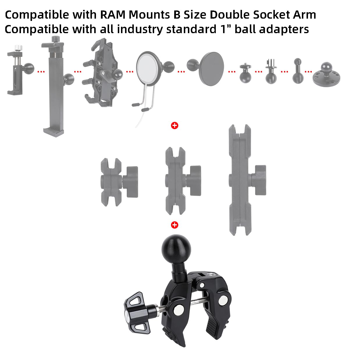 2Pcs Metal Handlebar Super Clamp Mount Base With 1'' Ball, Fence Desk Table Mount, Compatible With Ram Mounts B Size Double Sock