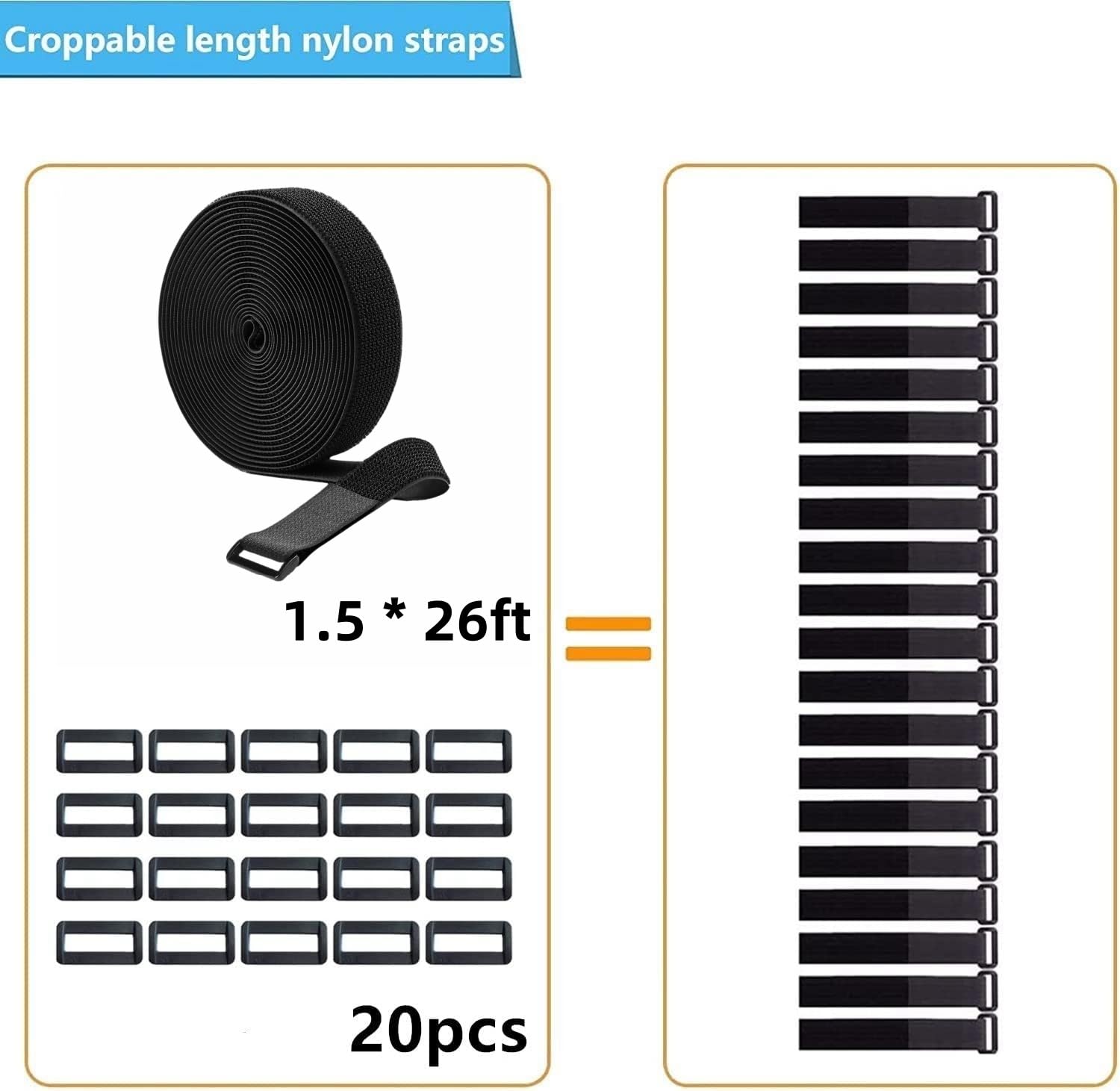 1.5 Inch Wide 26Ft Cable Straps With 20 Buckles, Heavy Duty Nylon Hook And Loop Straps For Fastening Securing, Reusable Cut To L