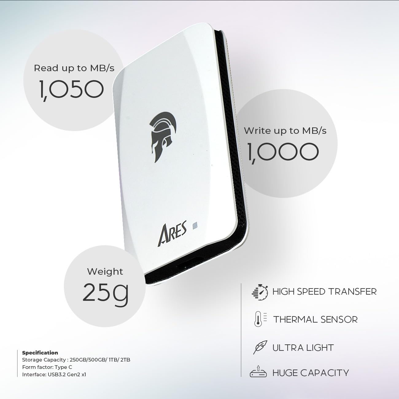 Dato 2Tb Portable Ssd, Ares Torch External Ssd, Up To 1050/1000 Mb/S, Usb 3.2 Gen 2X1 Type C Super Light & Compact Portable Soli