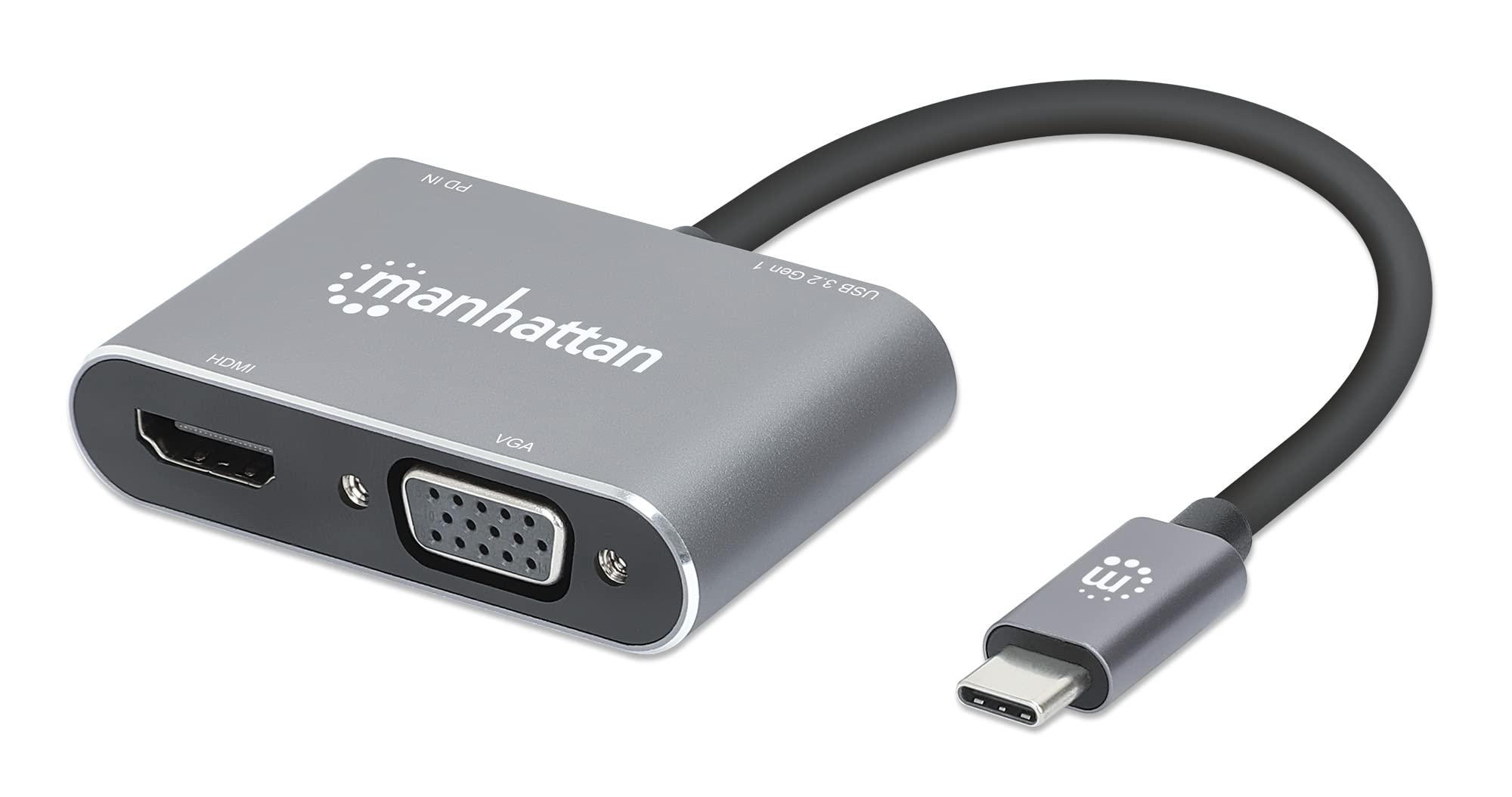 MANHATTAN USB C to 4K HDMI VGA Adapter - 4 in 1 Multiport Docking Converter Hub, 4K@30Hz HDMI, 1080p@60Hz VGA, 5 Gbps USB-A, 87W